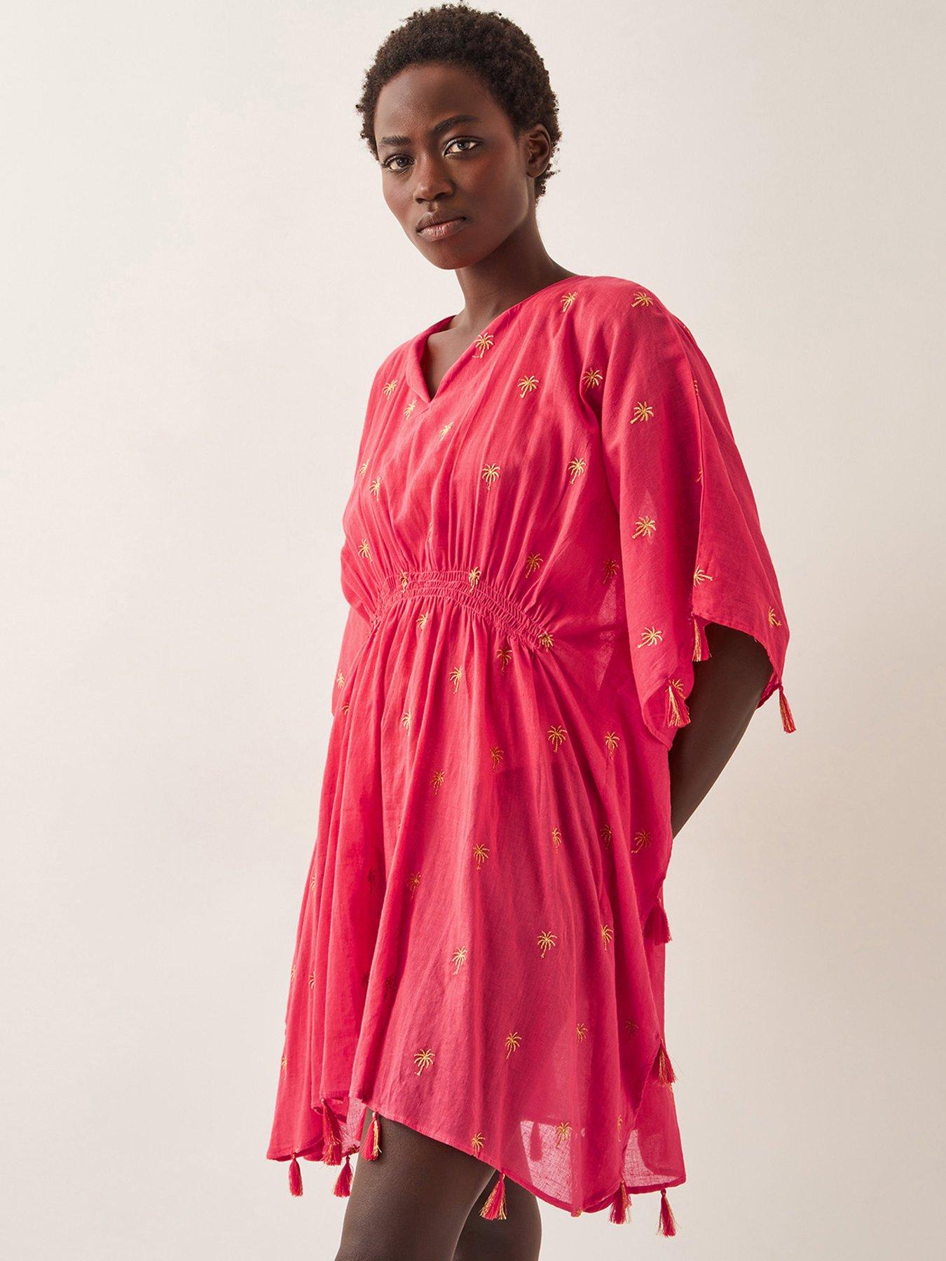 undefined Ivy Palm Embroidered Kaftan - Coral