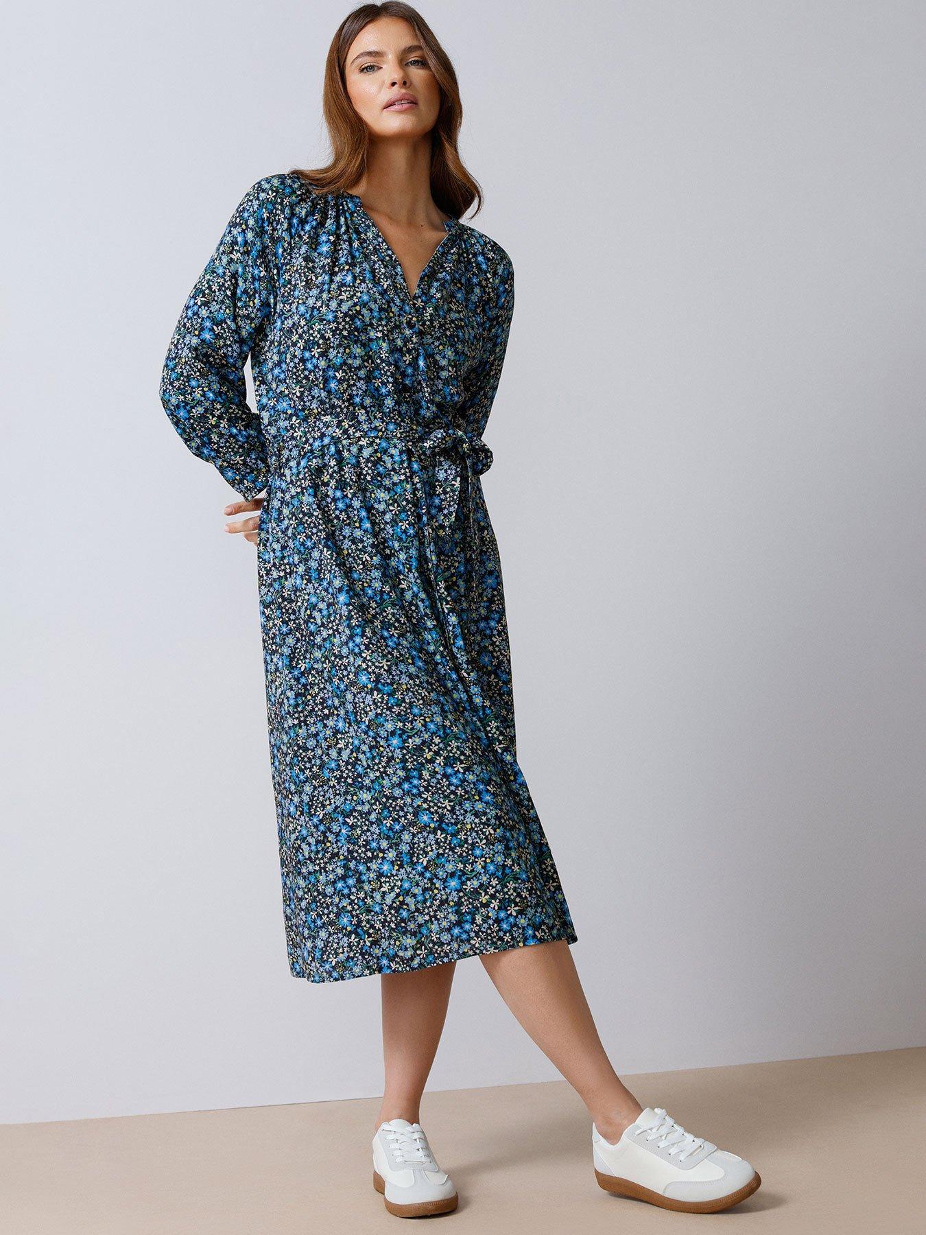  image of mco-ditsy-button-through-34-sleeve-dress-blue
