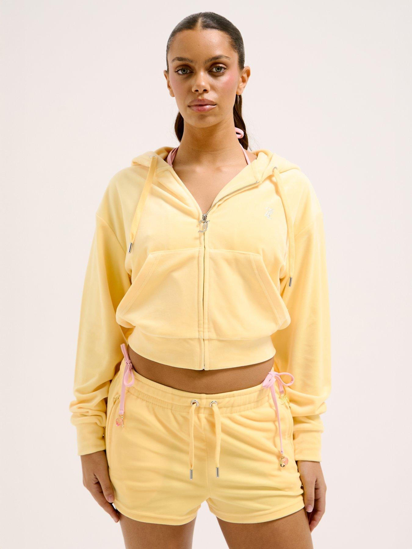 undefined Tina Classic Velour Track Shorts With Diamante Logo - Yellow