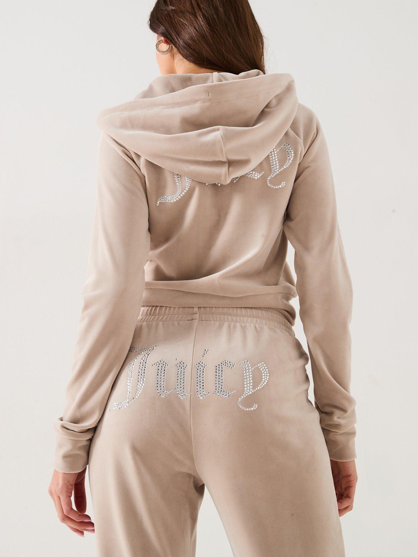 undefined Tina Classic Velour Track Pant With Diamante Logo - Beige