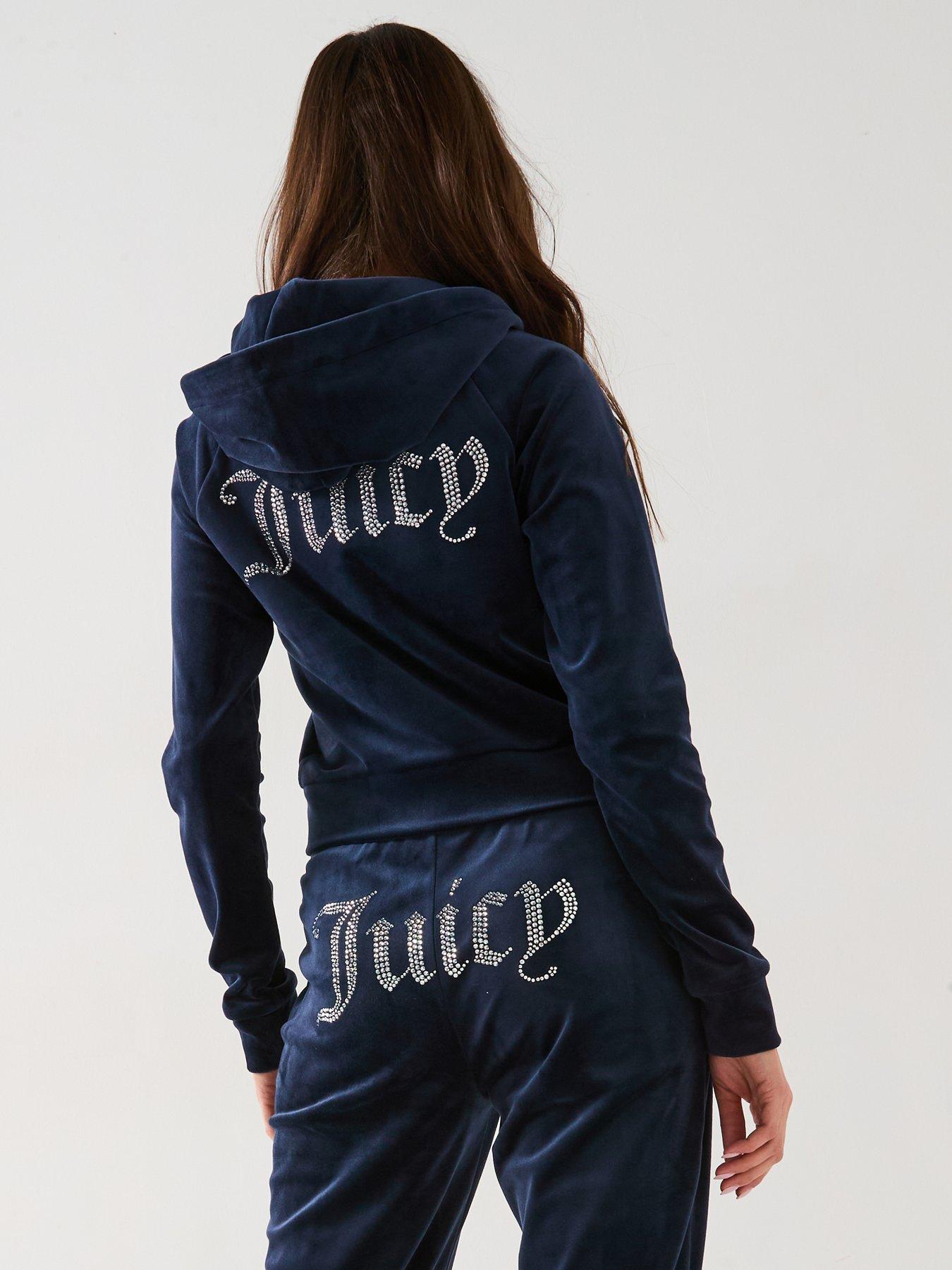 undefined Classic Velour Zip Up Madison Diamante Logo Hoodie - Navy