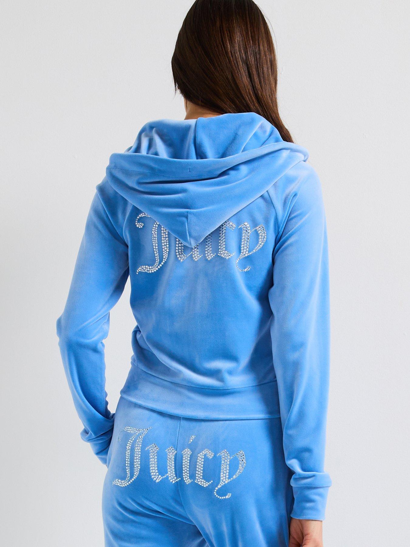 undefined Classic Velour Zip Up Madison Hoodie With Diamante Branding - Blue