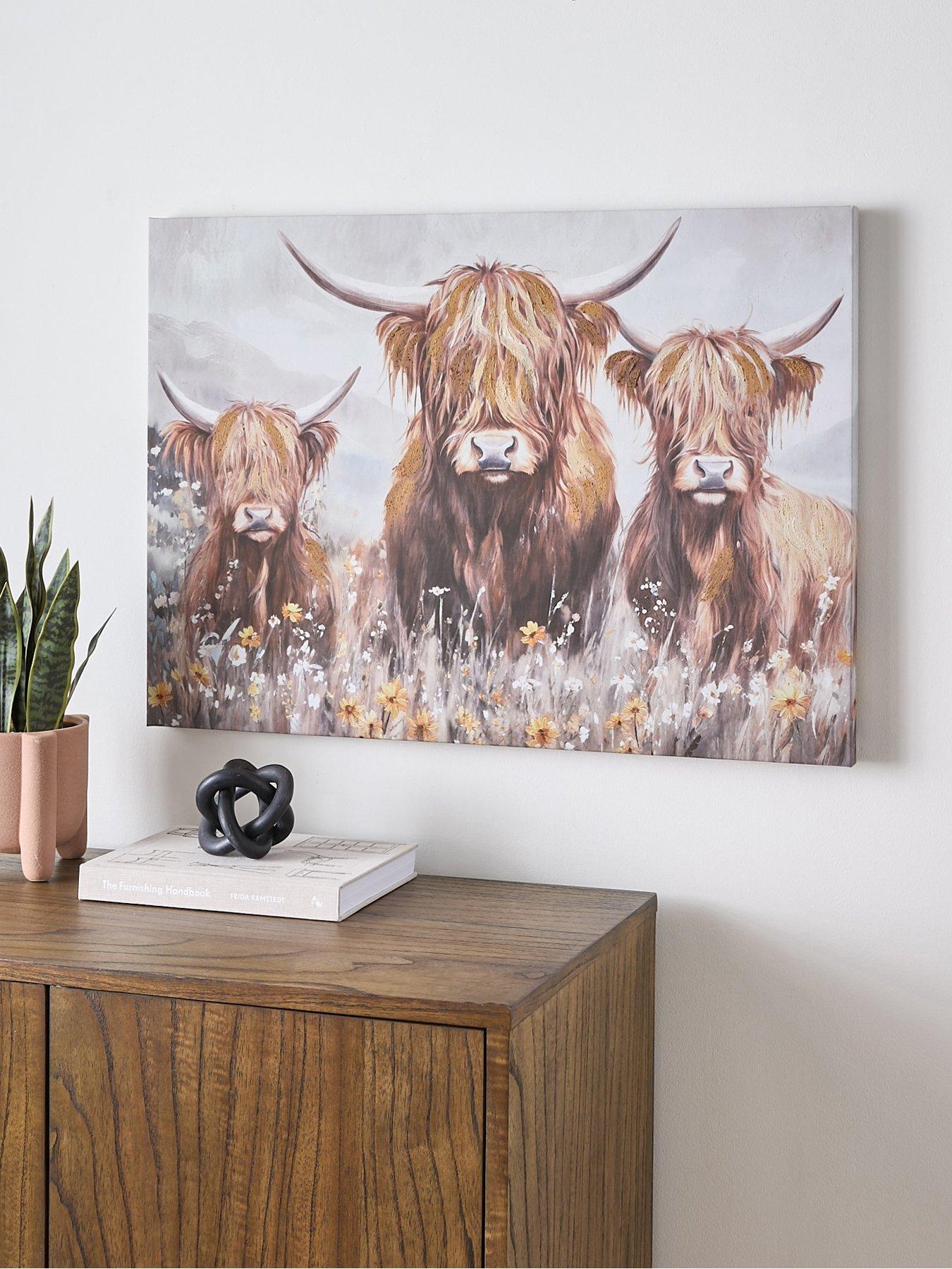 Image 1 of 6 of Very Home Highland Cow Family Printed Canvas with Hand Paint 70x50cm - FSC&reg;&nbsp;Certified