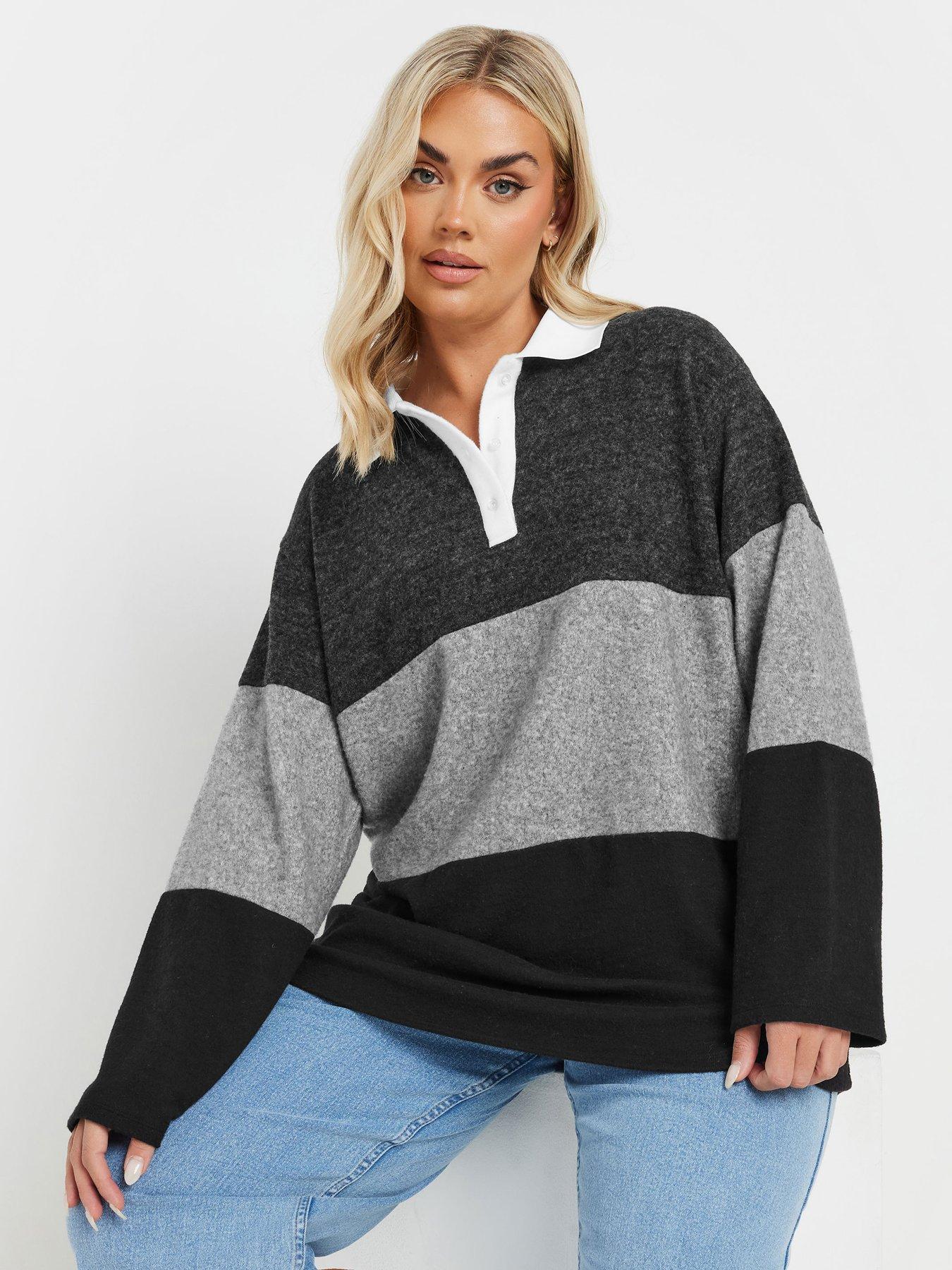 undefined Curve Colour Block Rugby Collar Top - Grey