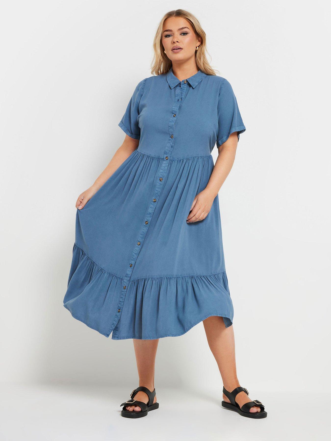 undefined Curve Washed Chambray Shirt Dress - Blue