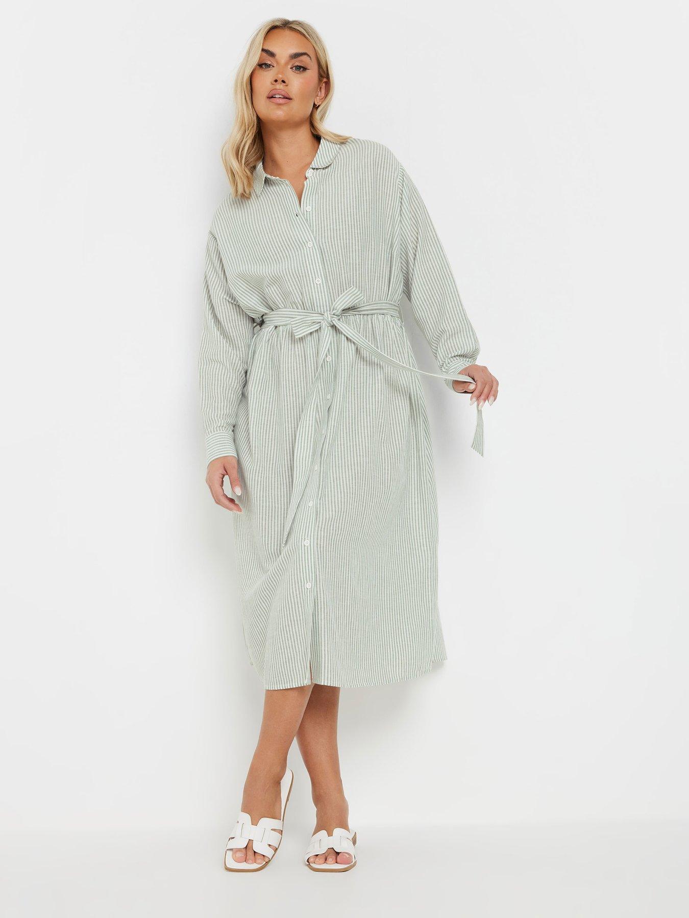 undefined Curve Long Sleeve Linen Stripe Shirt Dress - Green