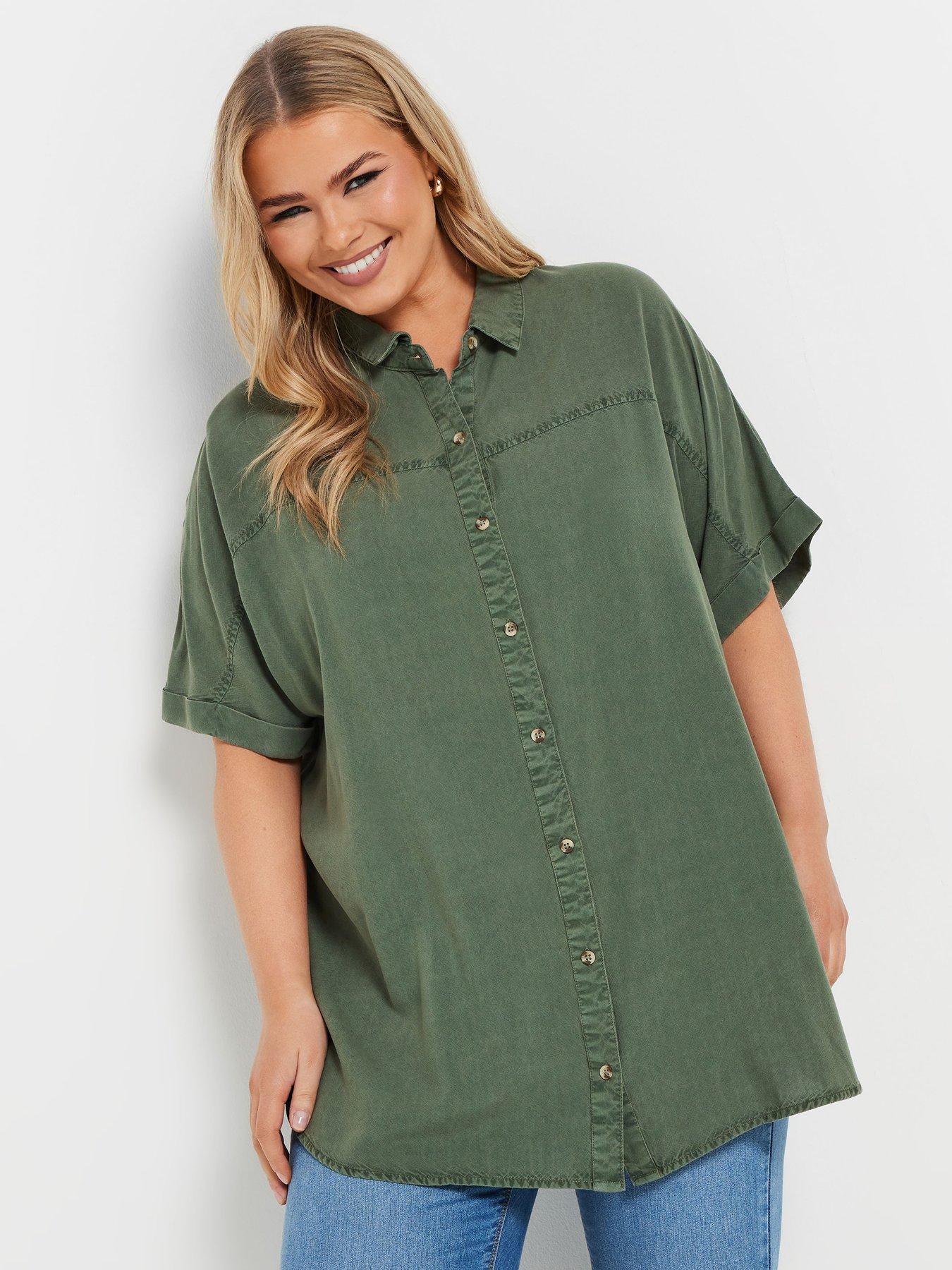  image of yours-curve-short-sleeve-chambray-shirt-green