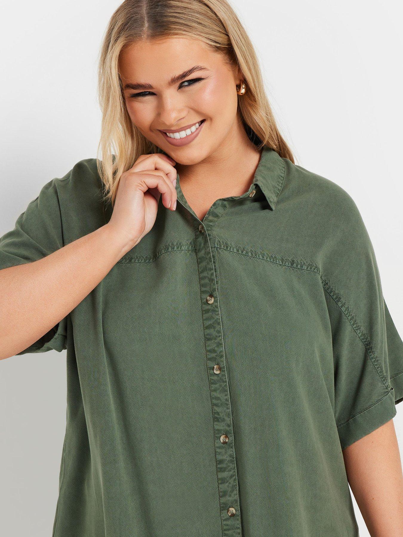  image of yours-curve-short-sleeve-chambray-shirt-green