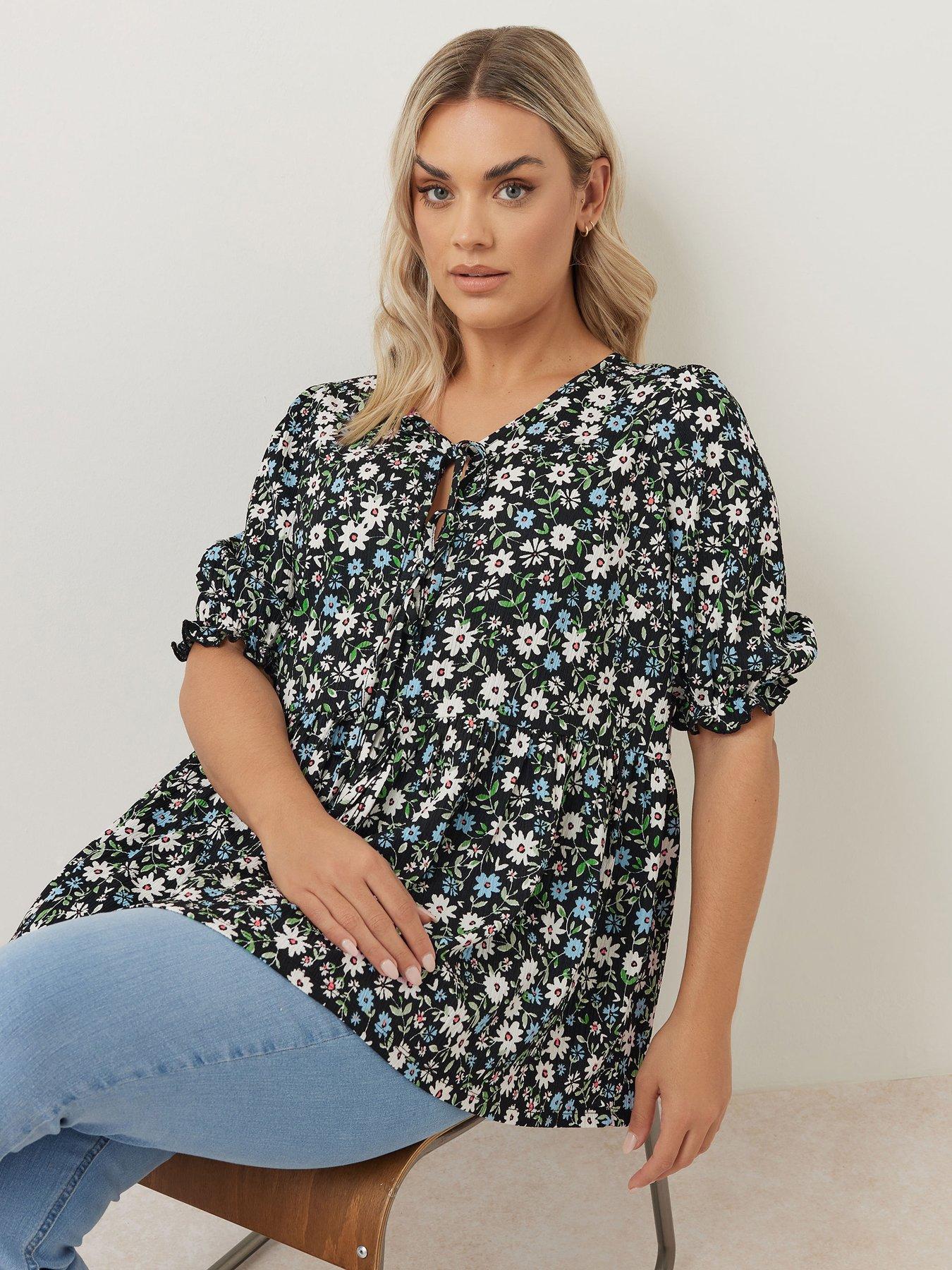 undefined Curve Bow Front Smock Ditsy Top - Black