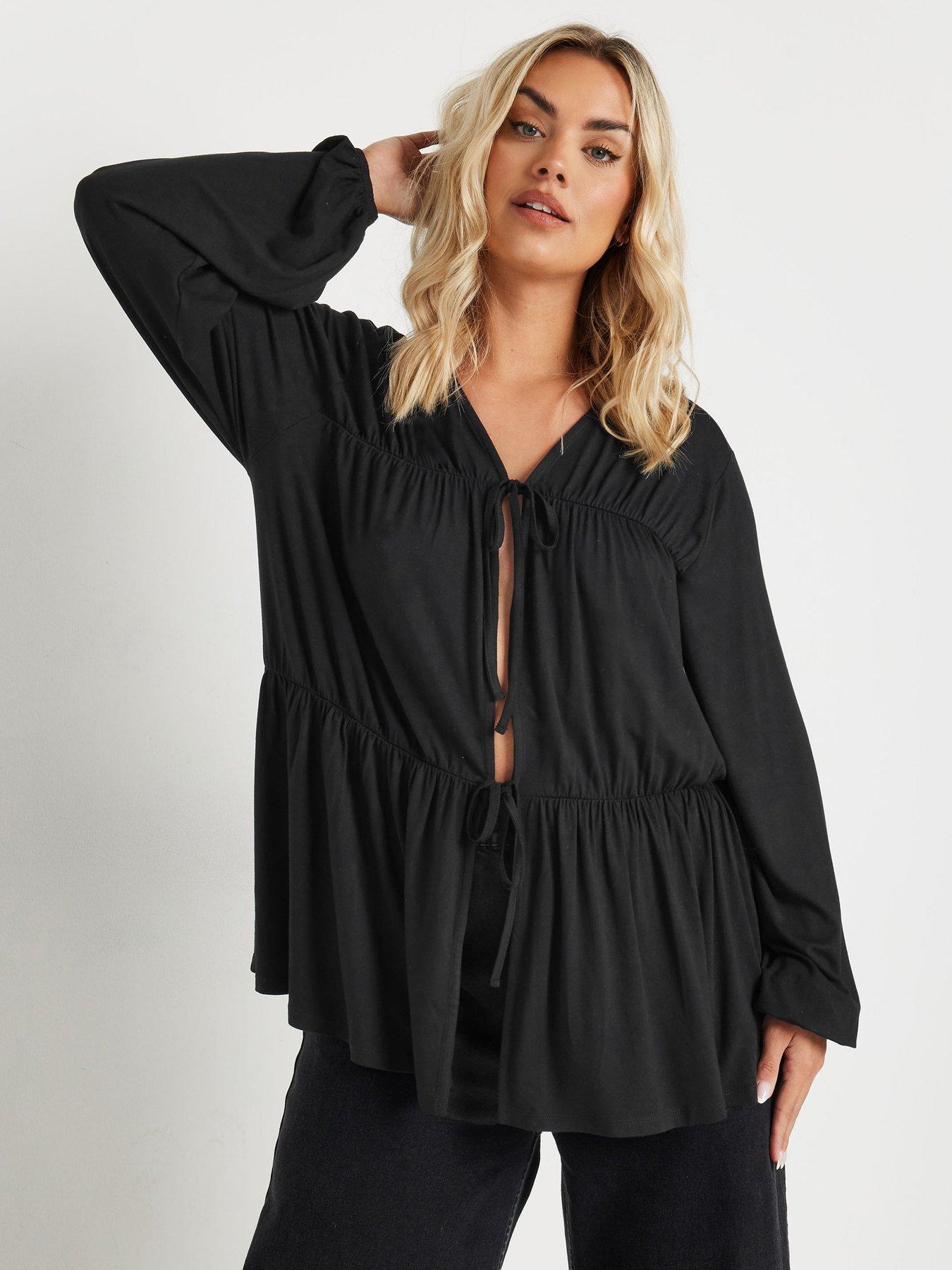 yours-curve-tie-front-gathered-peasant-blouse-black