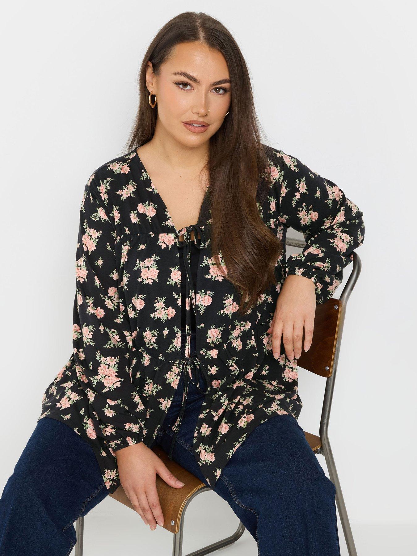 undefined Curve Tie Front Floral Blouse - Black