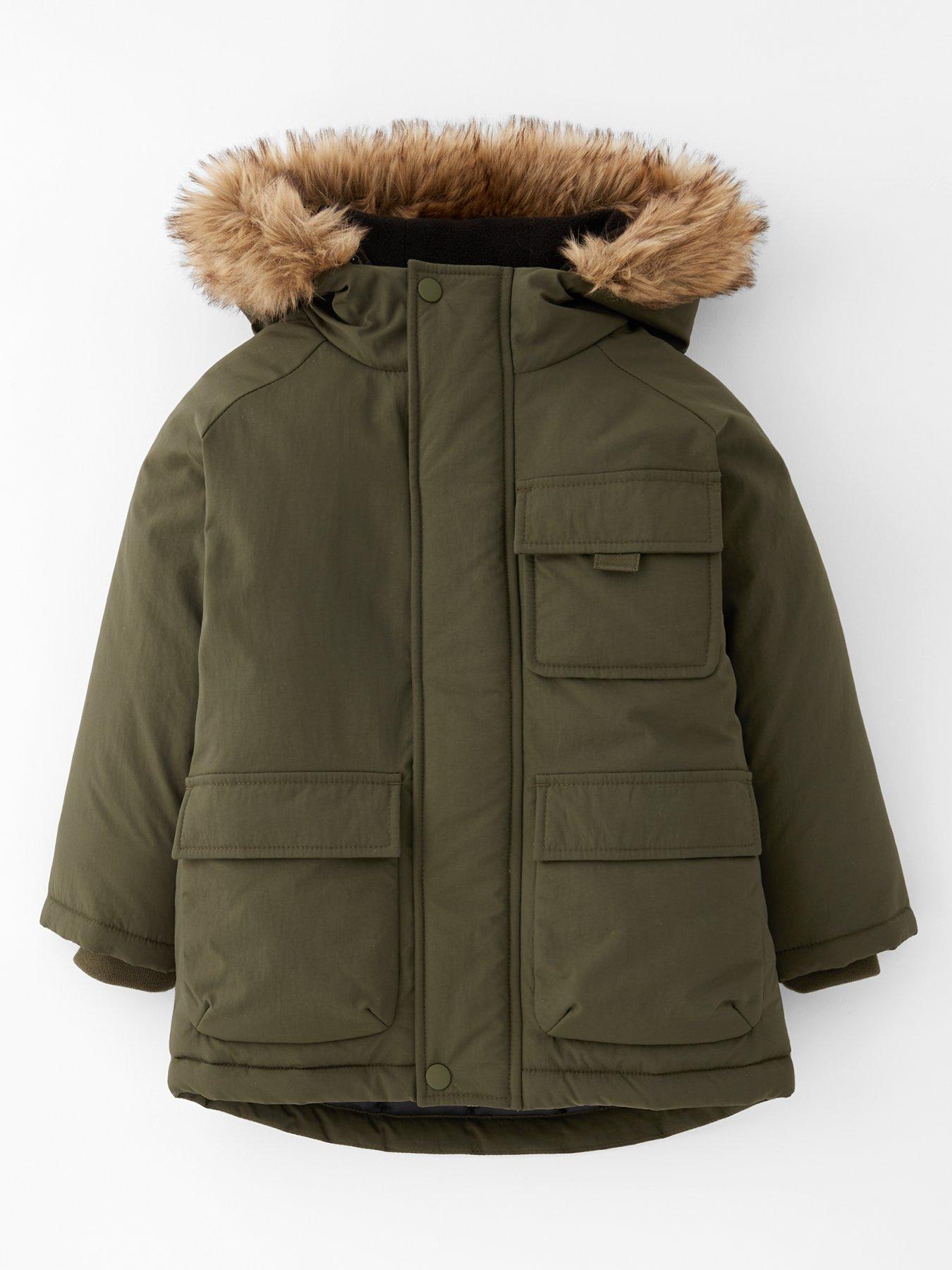 Mini V by Very Boys Fur Parka Coat - Khaki