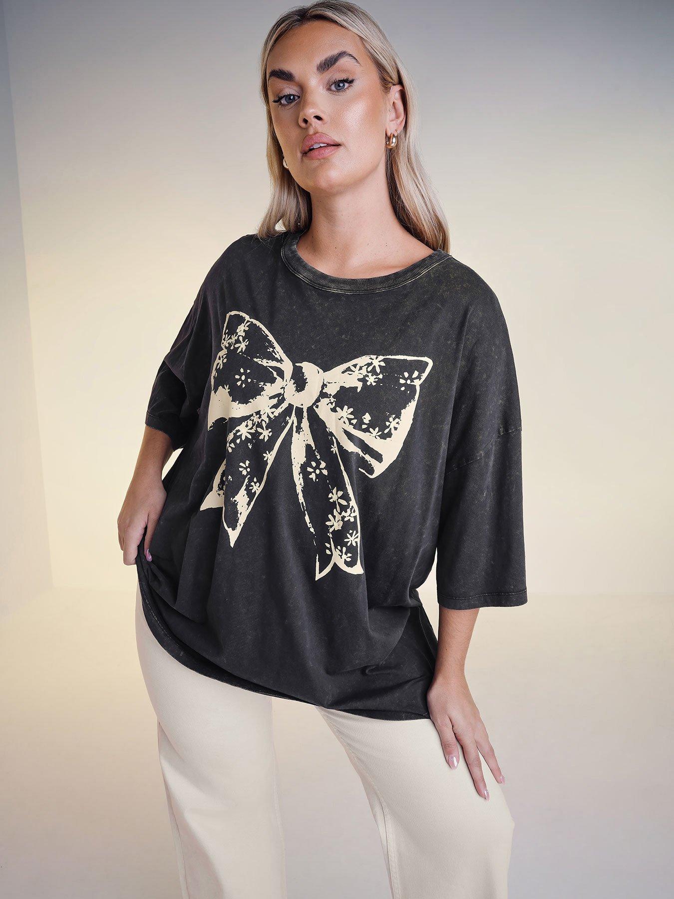  image of yours-curve-daisy-bow-acid-wash-boxy-t-shirt-grey