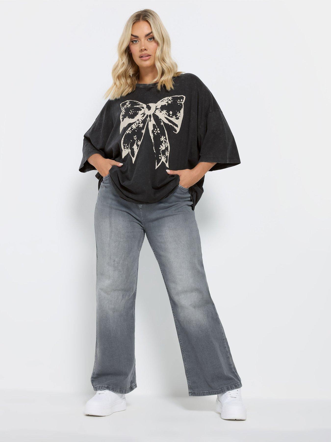  image of yours-curve-daisy-bow-acid-wash-boxy-t-shirt-grey