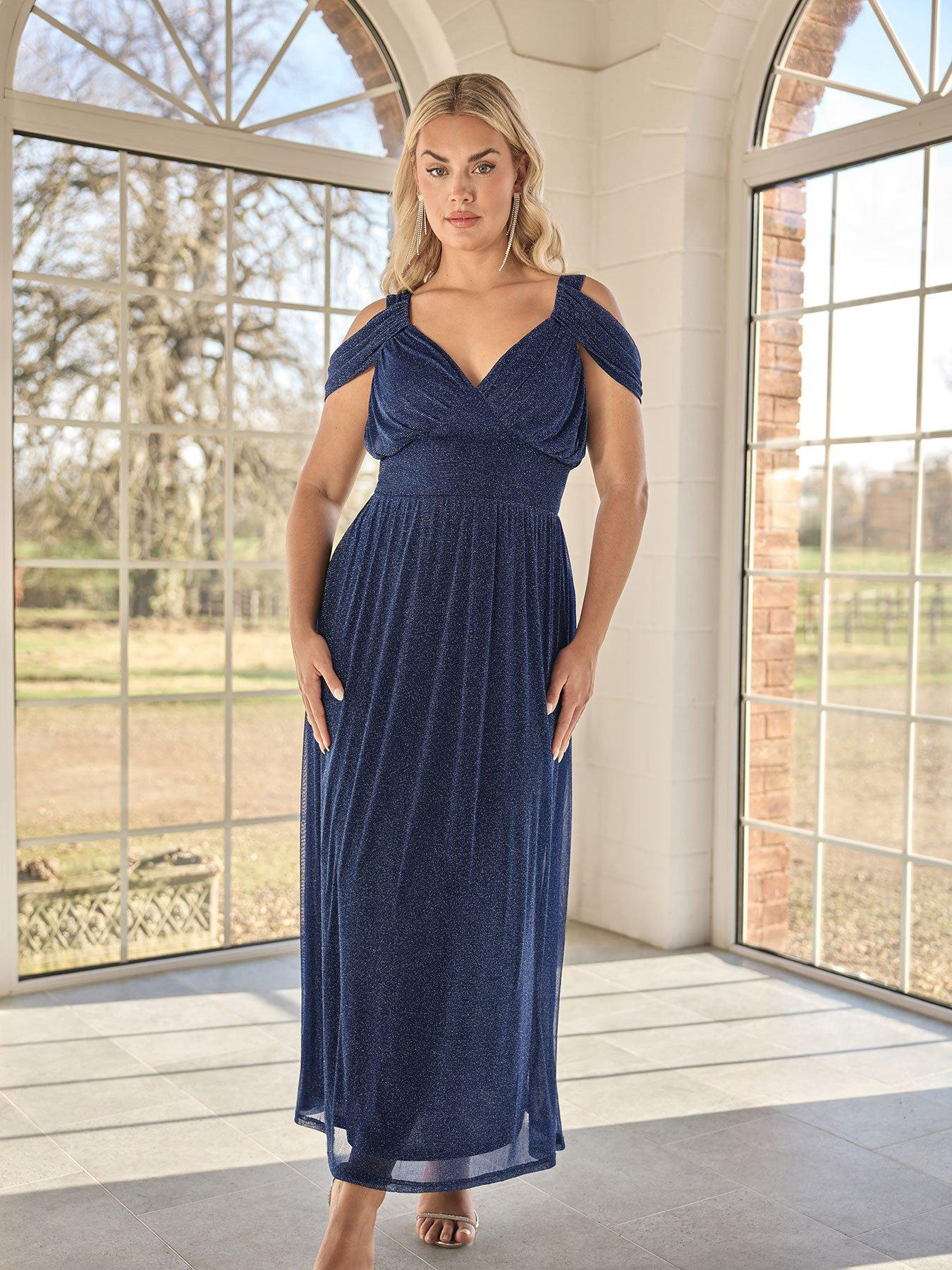 yours-curve-metallic-mesh-cold-shoulder-dress-blue
