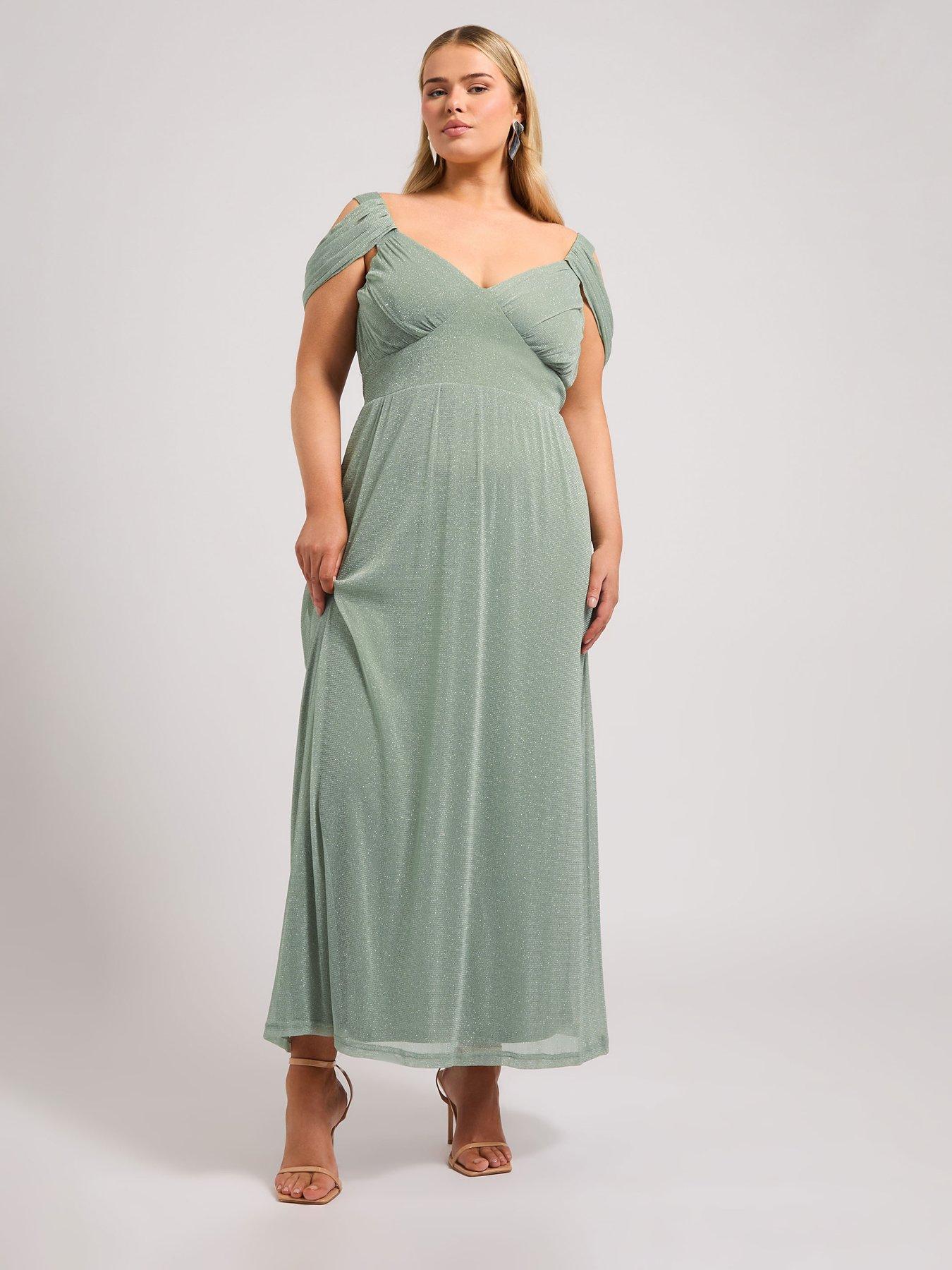 undefined Curve Metallic Mesh Cold Shoulder Dress - Green