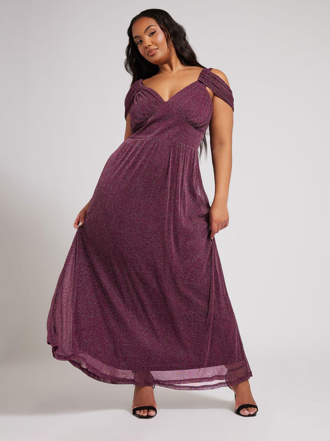 undefined Curve Metallic Mesh Cold Shoulder Dress - Purple