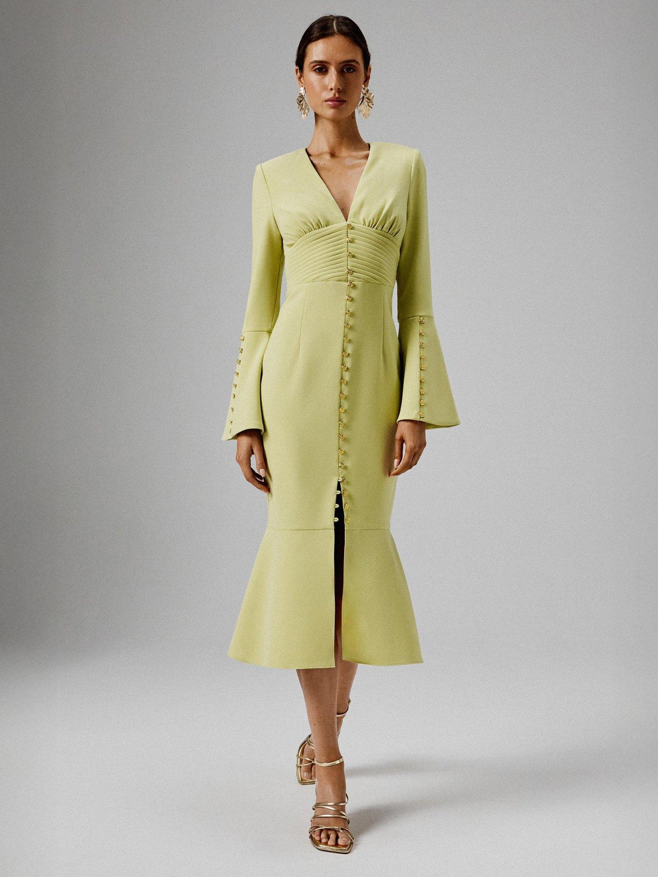 undefined Flared Micro Shell Button Long Midi Dress - Green