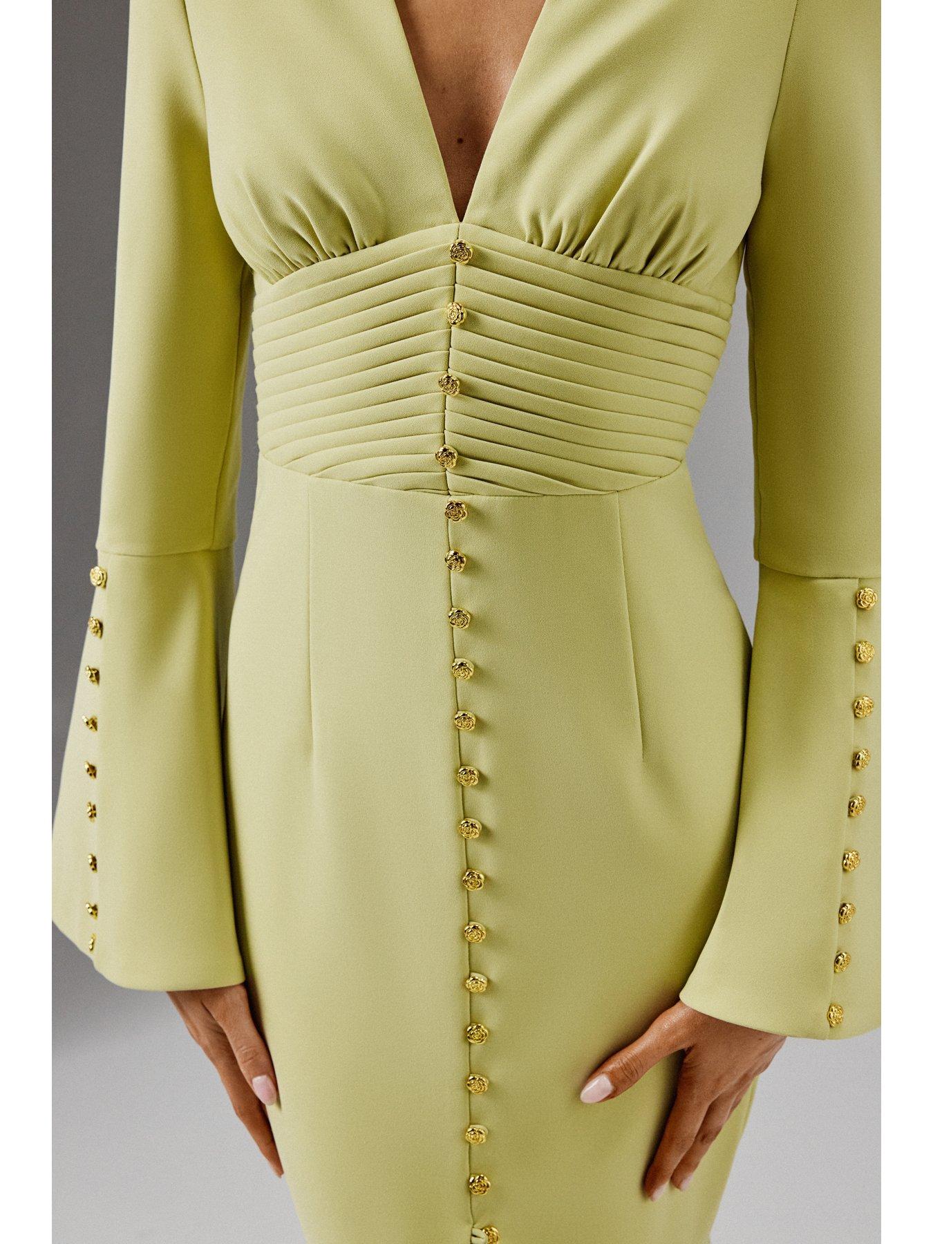 Lavish Alice Flared Micro Shell Button Long Midi Dress - Green | Littlewoods