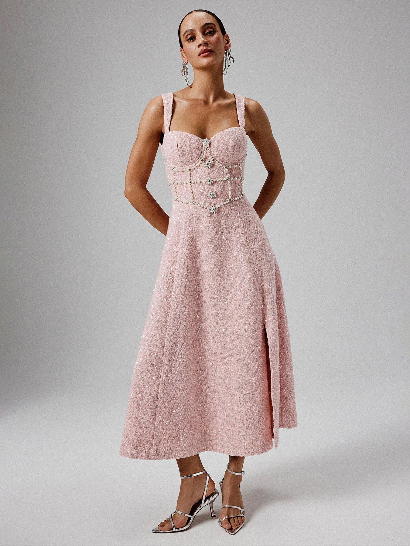 undefined Sequin Boucle A-line Pearl Embellished Midi Dress - Pink