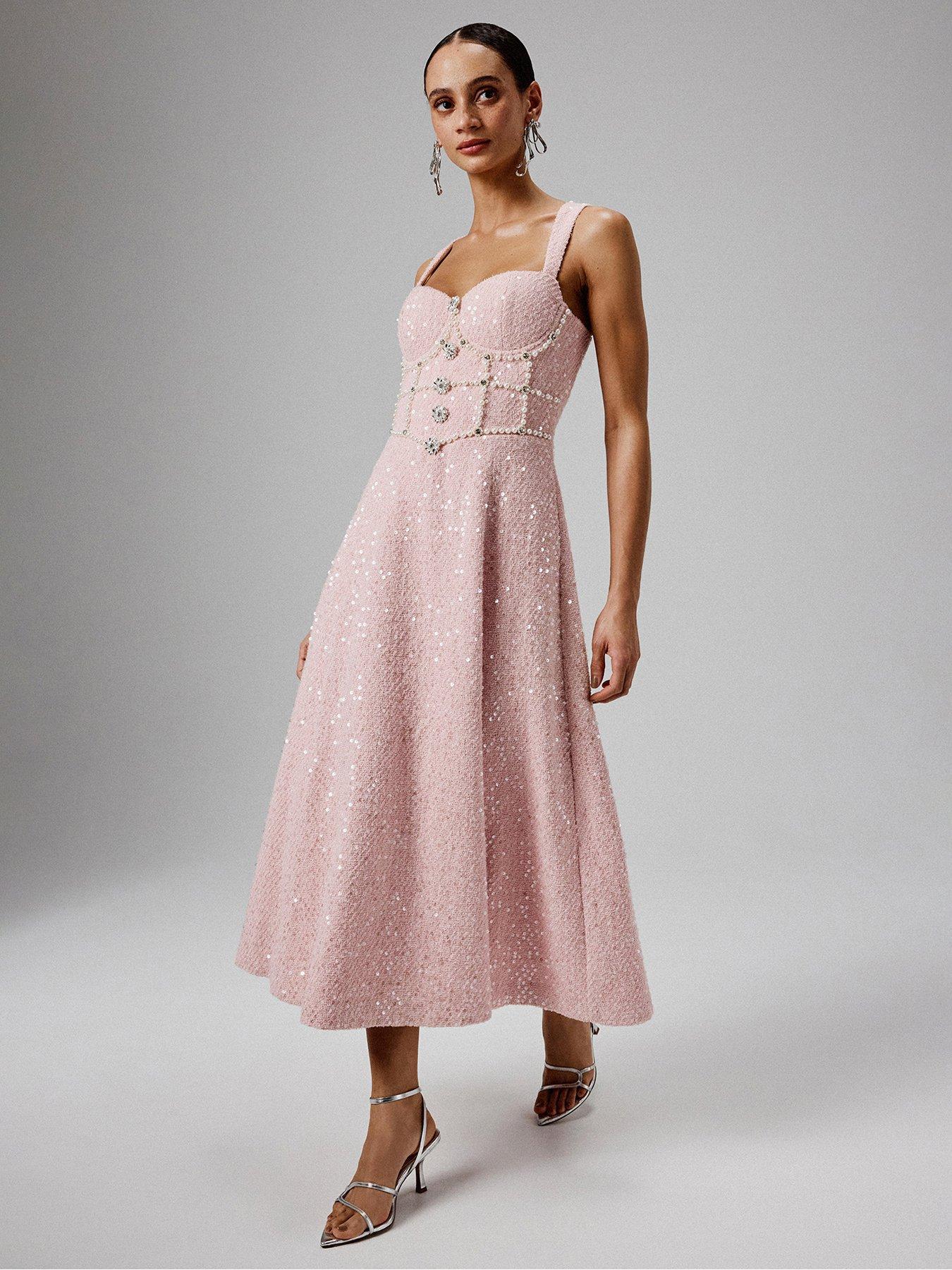 lavish alice pink sequin dress Lavish Alice Sequin Boucle A-line Pearl Embellished Midi Dress - Pink