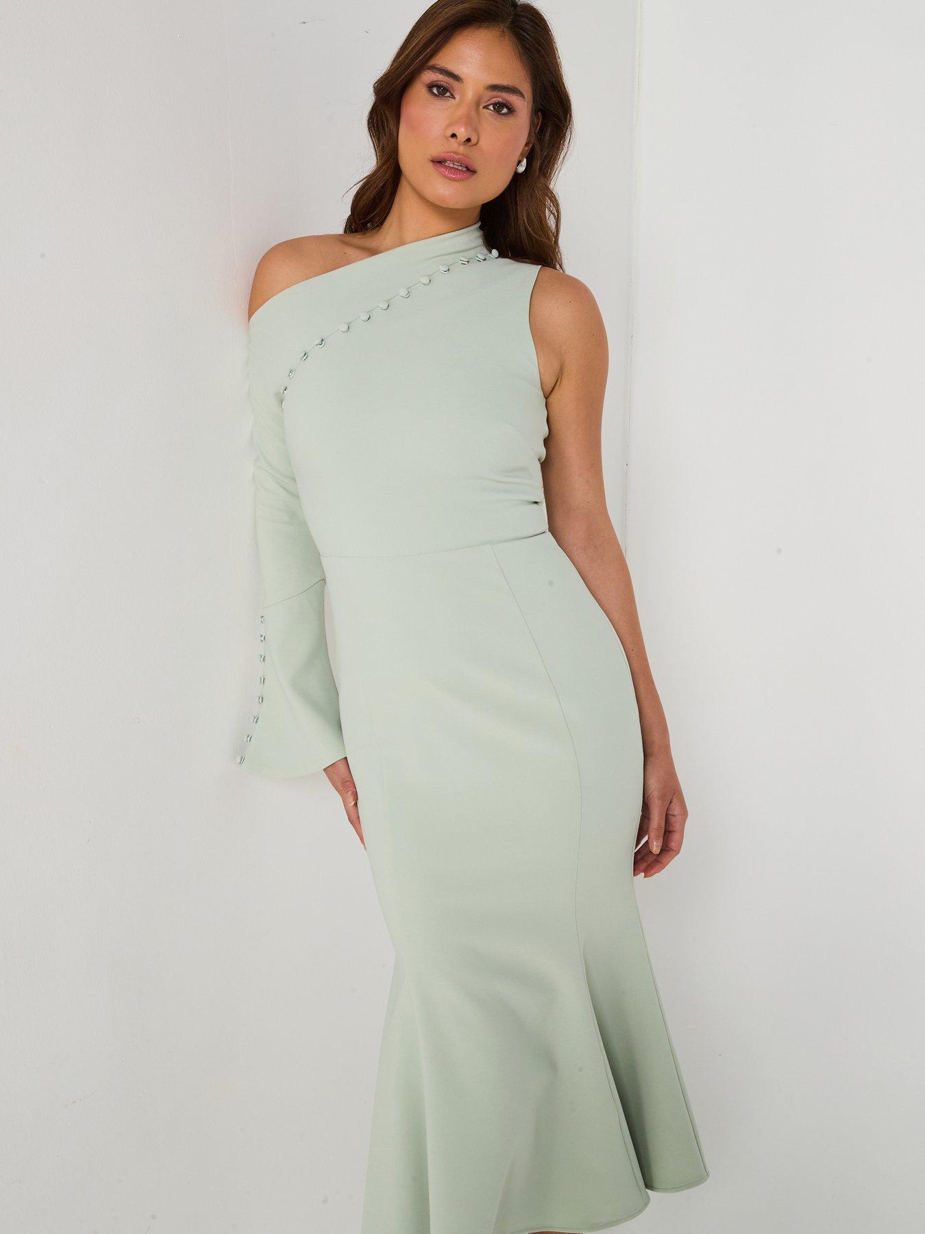 Lavish Alice Asymmetric Sleeve Micro Button Long Midi Dress - Green