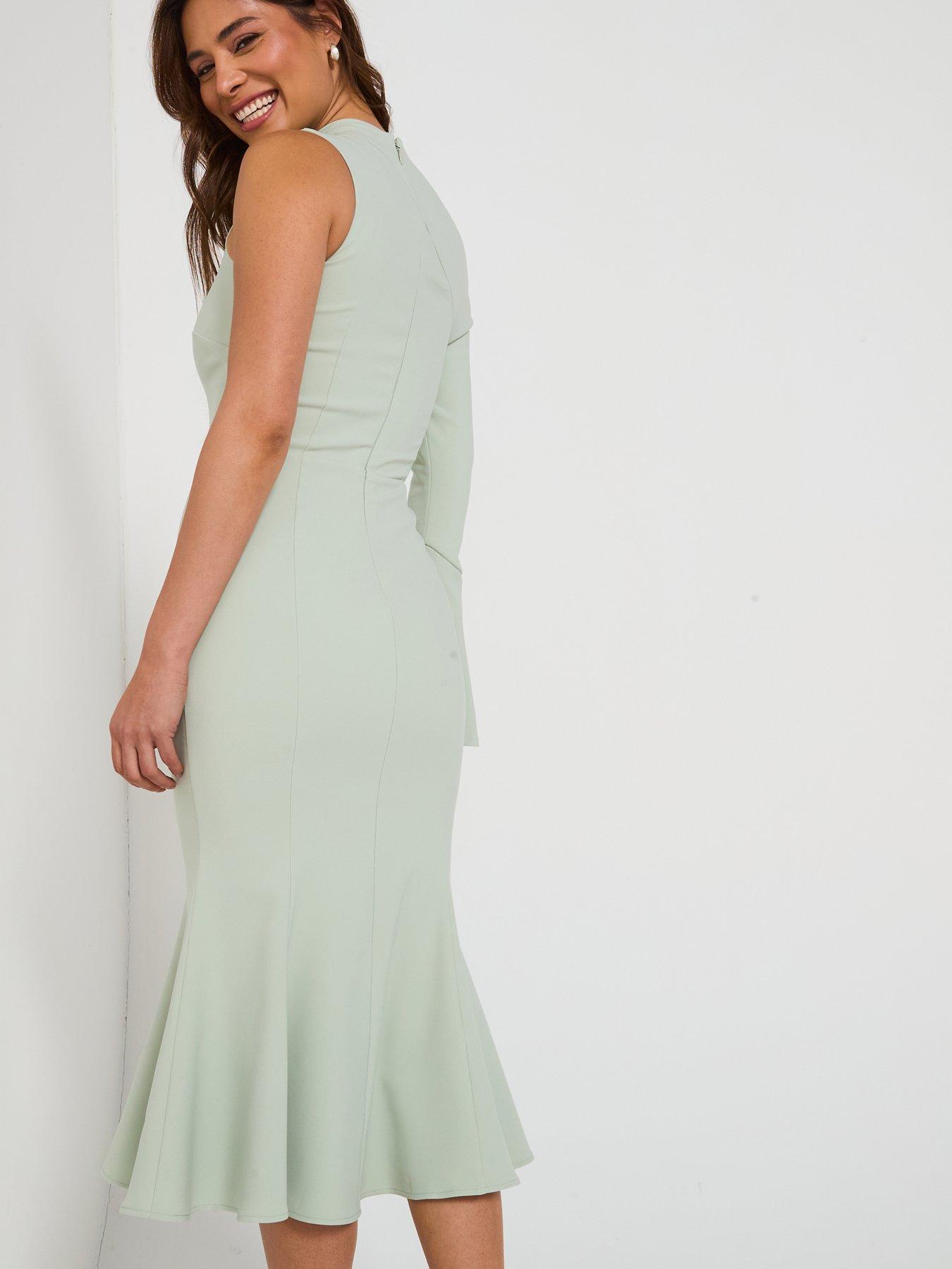  image of lavish-alice-asymmetric-sleeve-micro-button-long-midi-dress-green