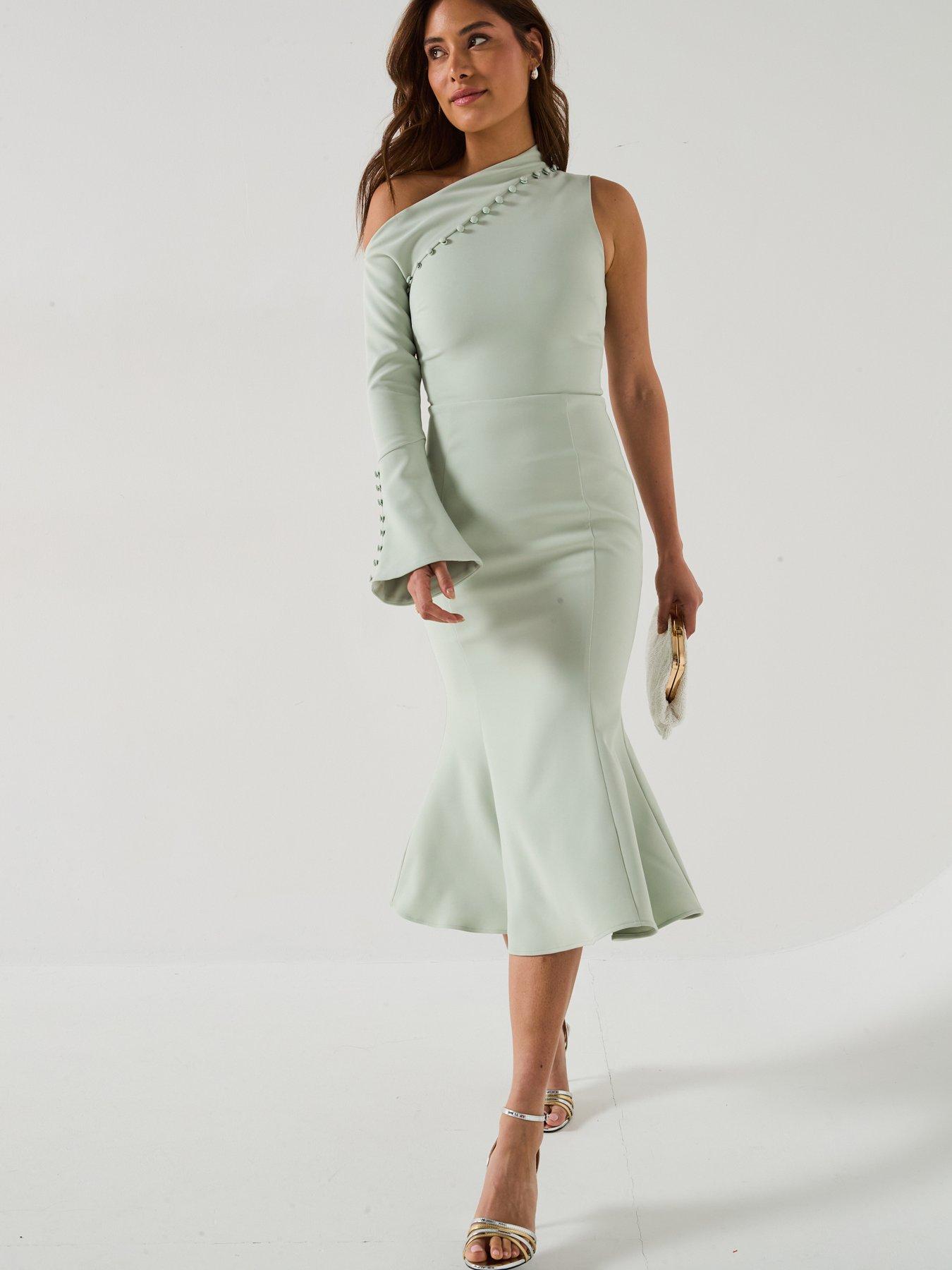  image of lavish-alice-asymmetric-sleeve-micro-button-long-midi-dress-green