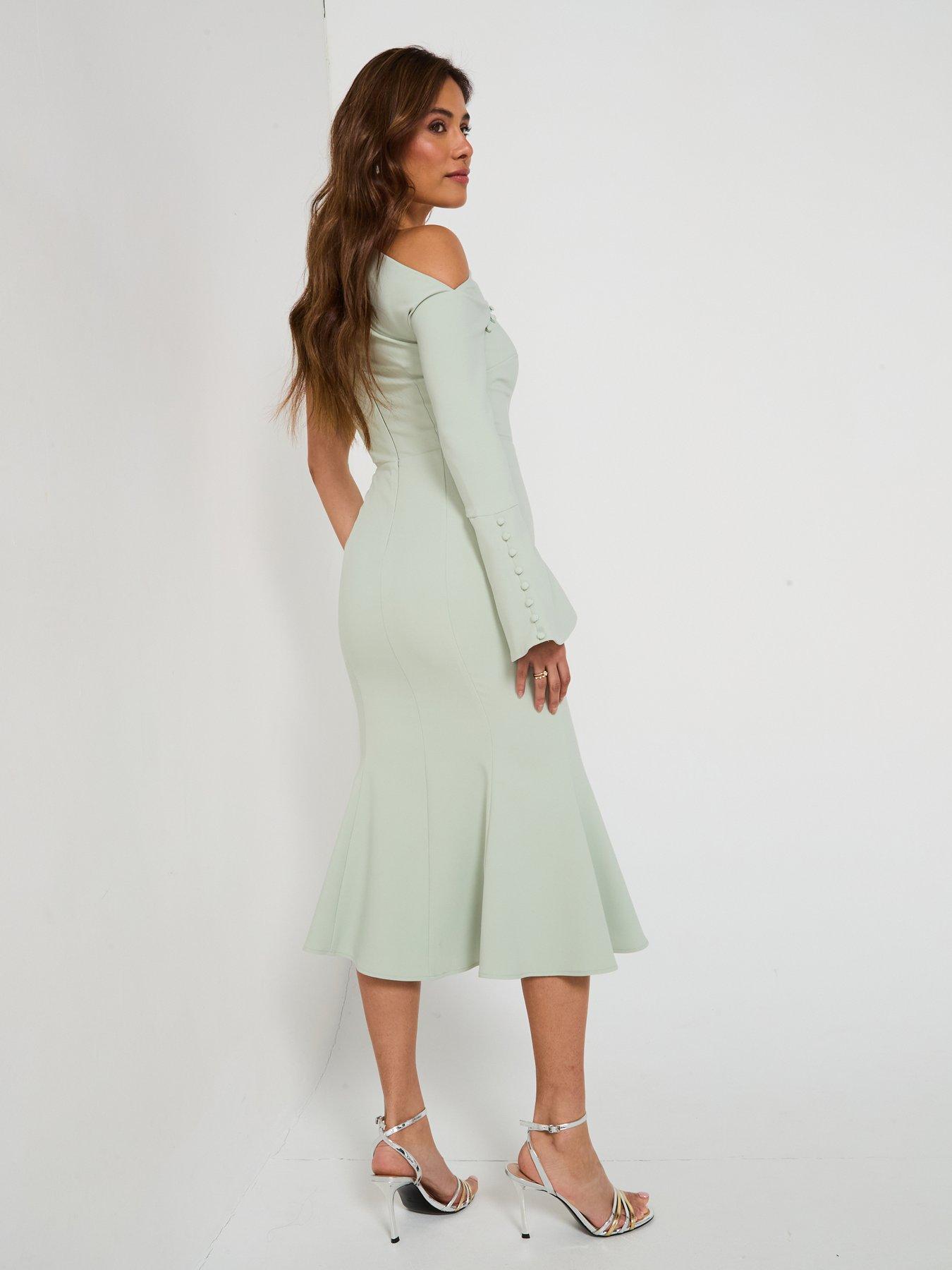  image of lavish-alice-asymmetric-sleeve-micro-button-long-midi-dress-green
