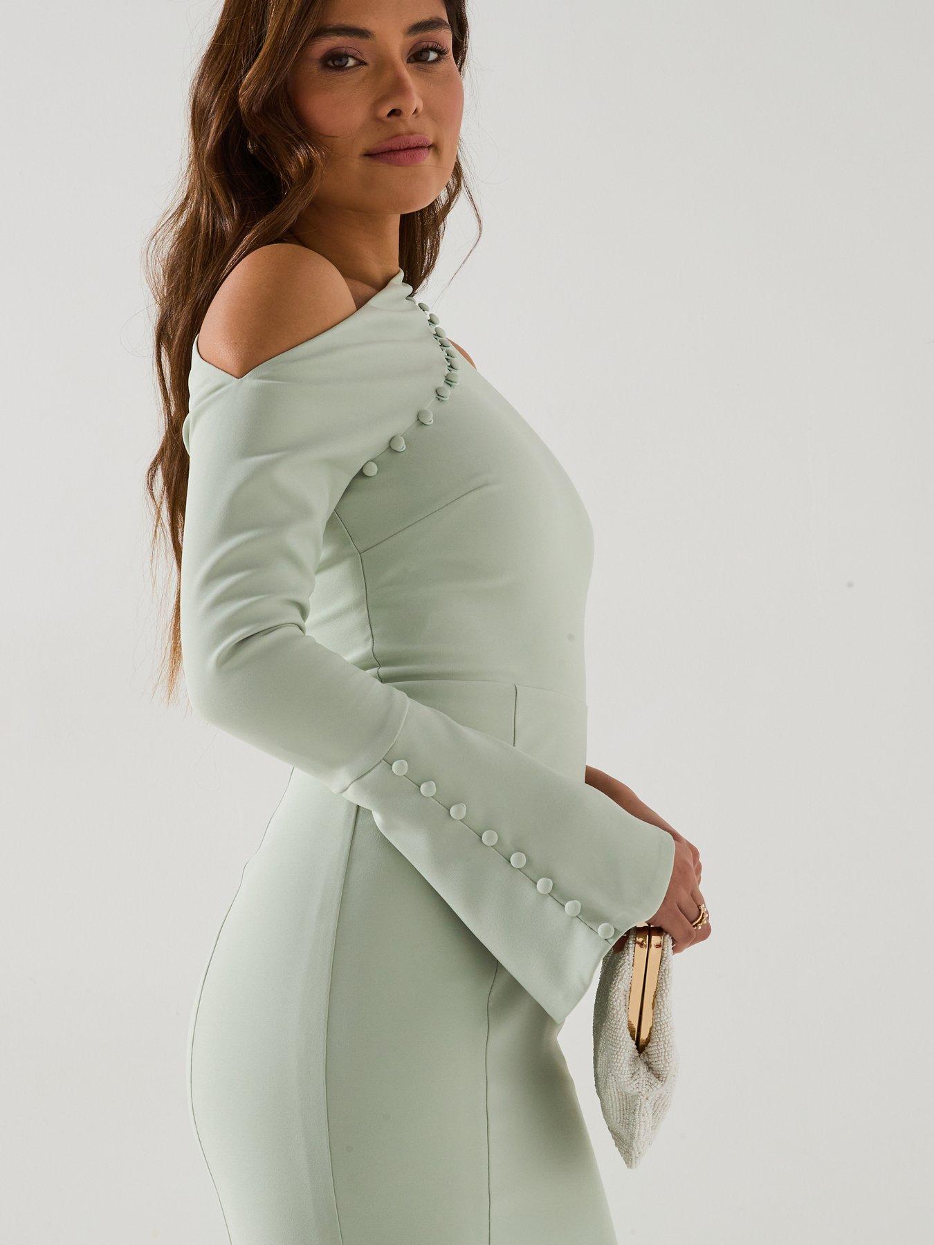  image of lavish-alice-asymmetric-sleeve-micro-button-long-midi-dress-green