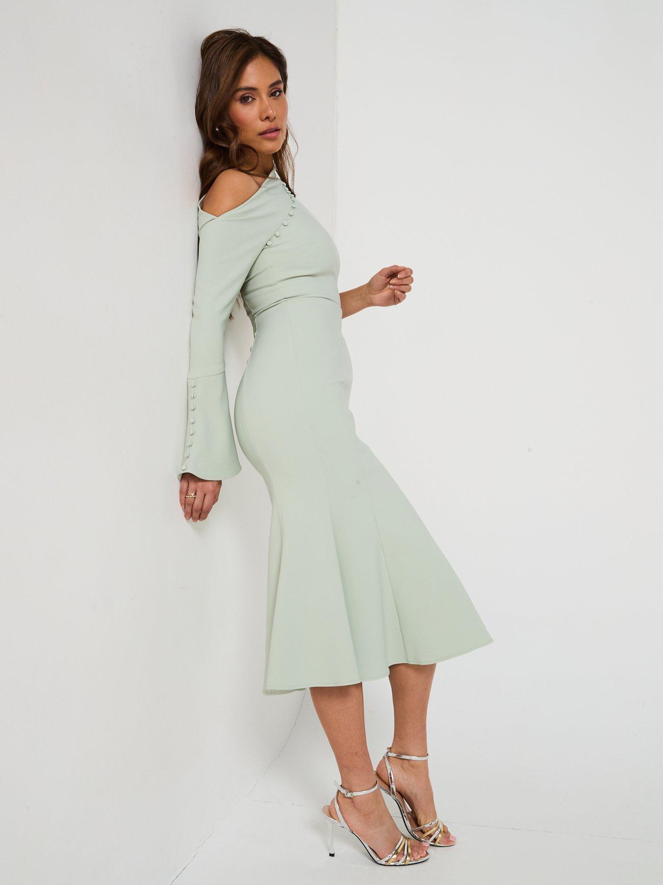  image of lavish-alice-asymmetric-sleeve-micro-button-long-midi-dress-green