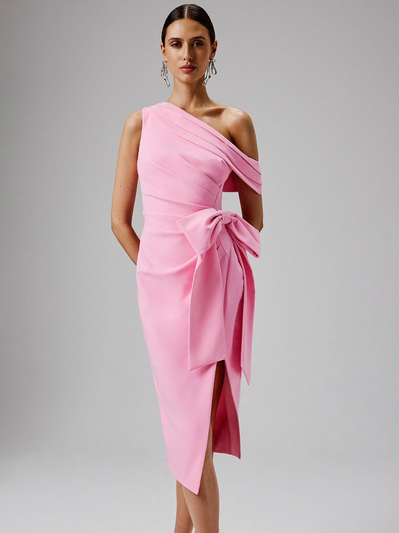 undefined One Shoulder Pleated Midi Dress - Pink