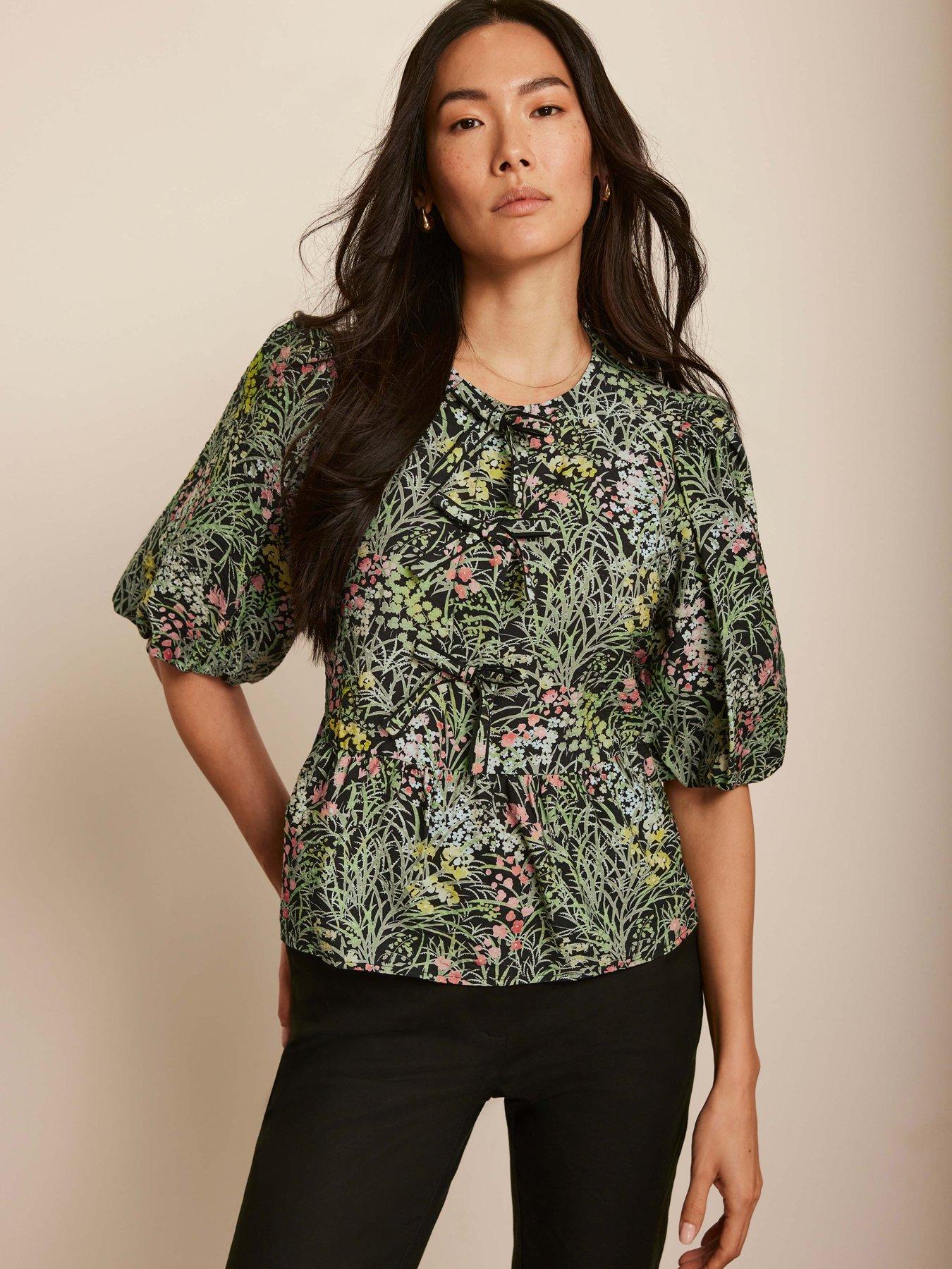 undefined Green Floral Print Tie Top - Black