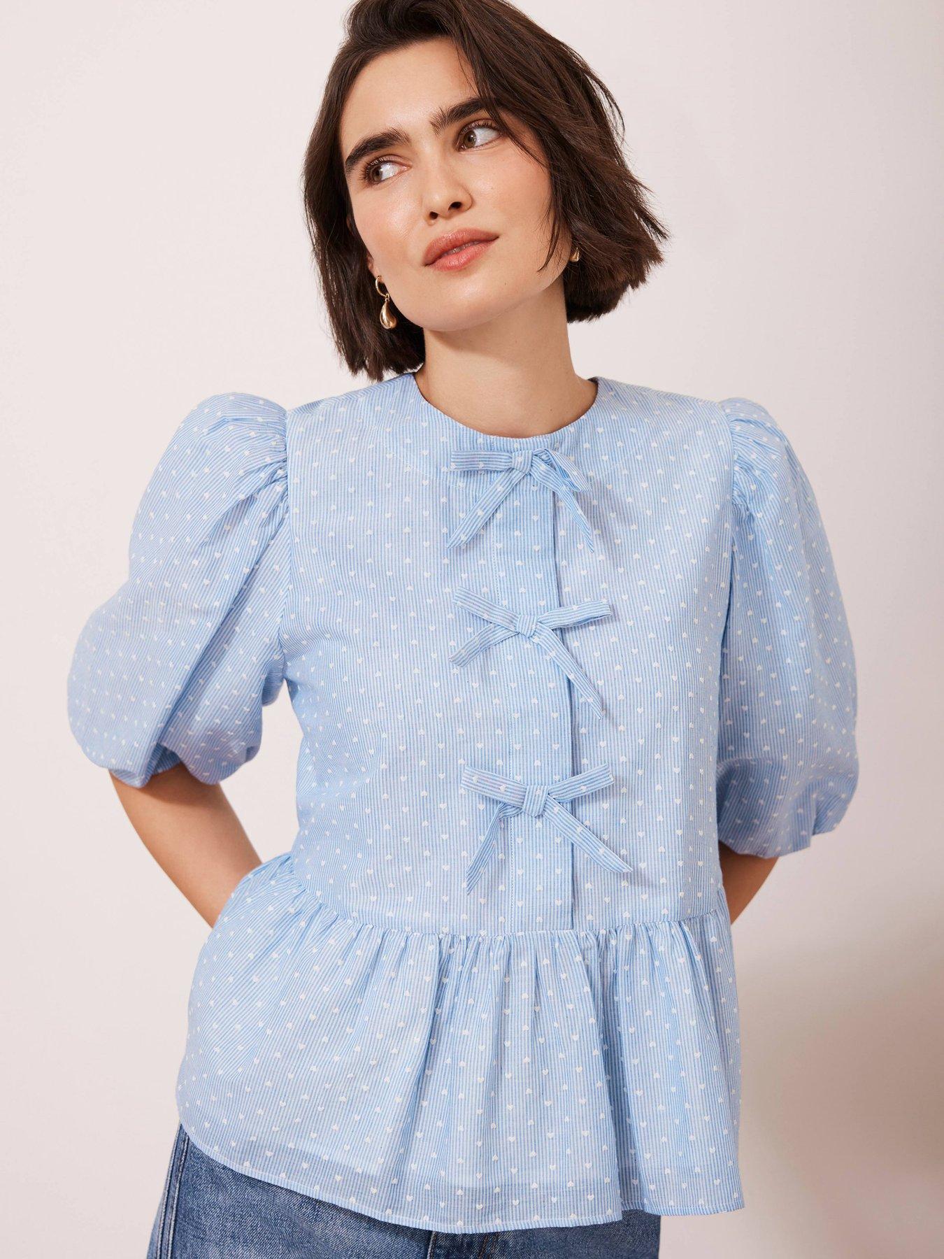  image of mint-velvet-striped-puff-sleeve-top-blue