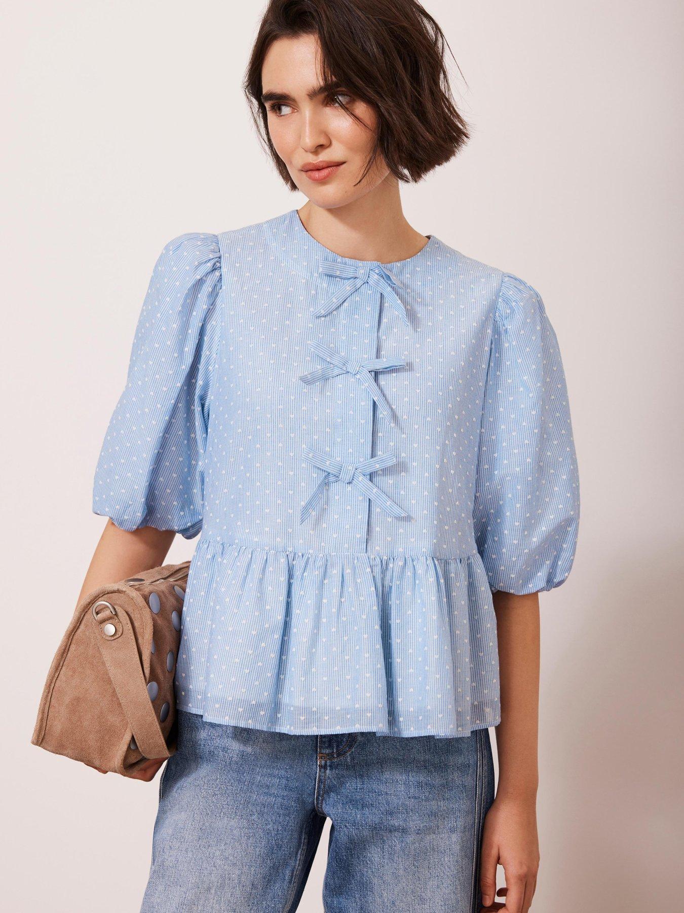  image of mint-velvet-striped-puff-sleeve-top-blue