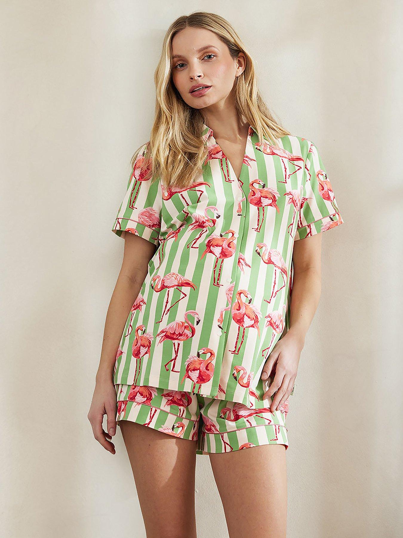 undefined Maternity V Neck Button Up Short Pyjama Set - Flamingo Stripe Green