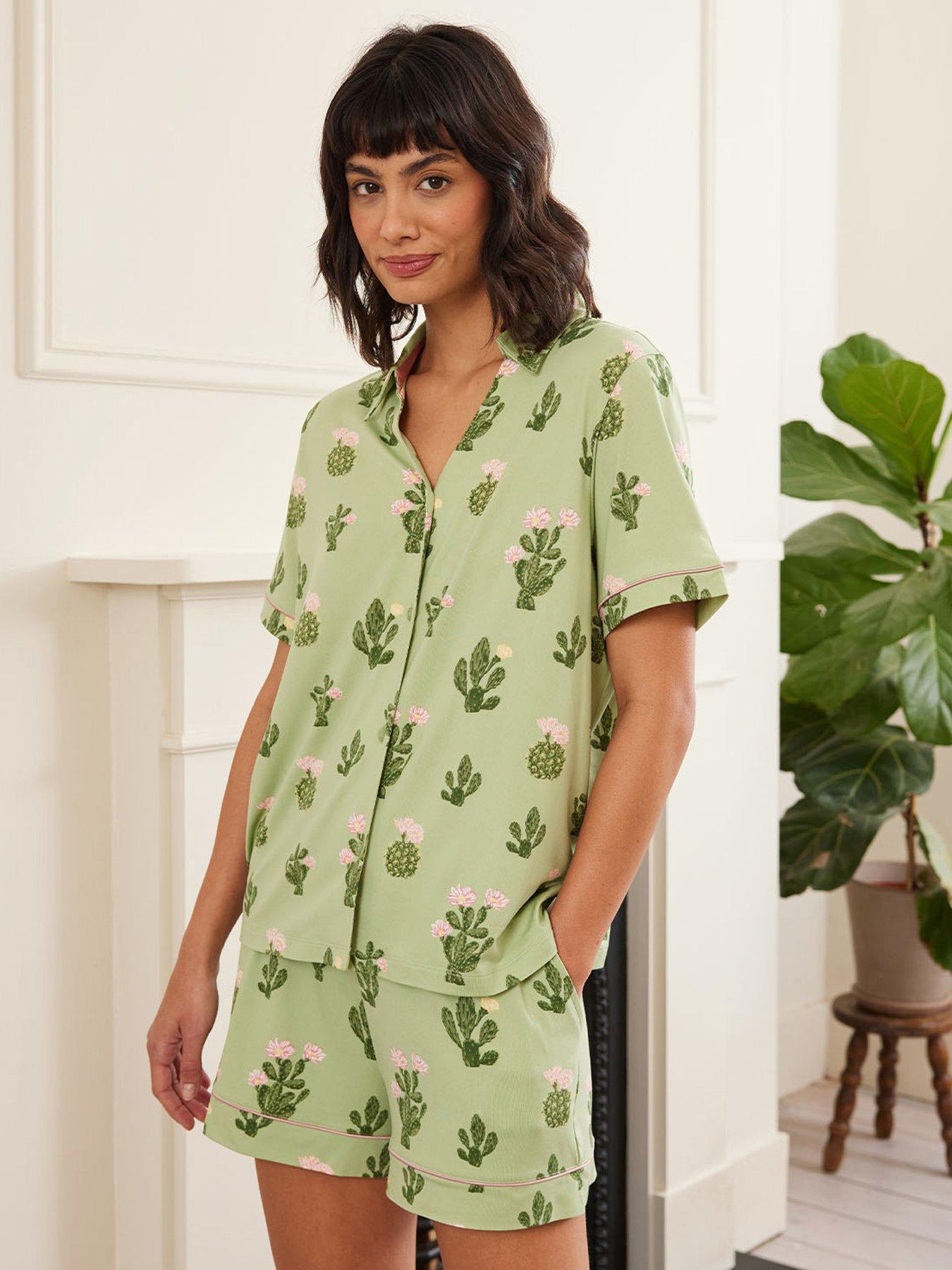 undefined V Neck Button Up Short Pyjama Set - Detailed Cacti Print