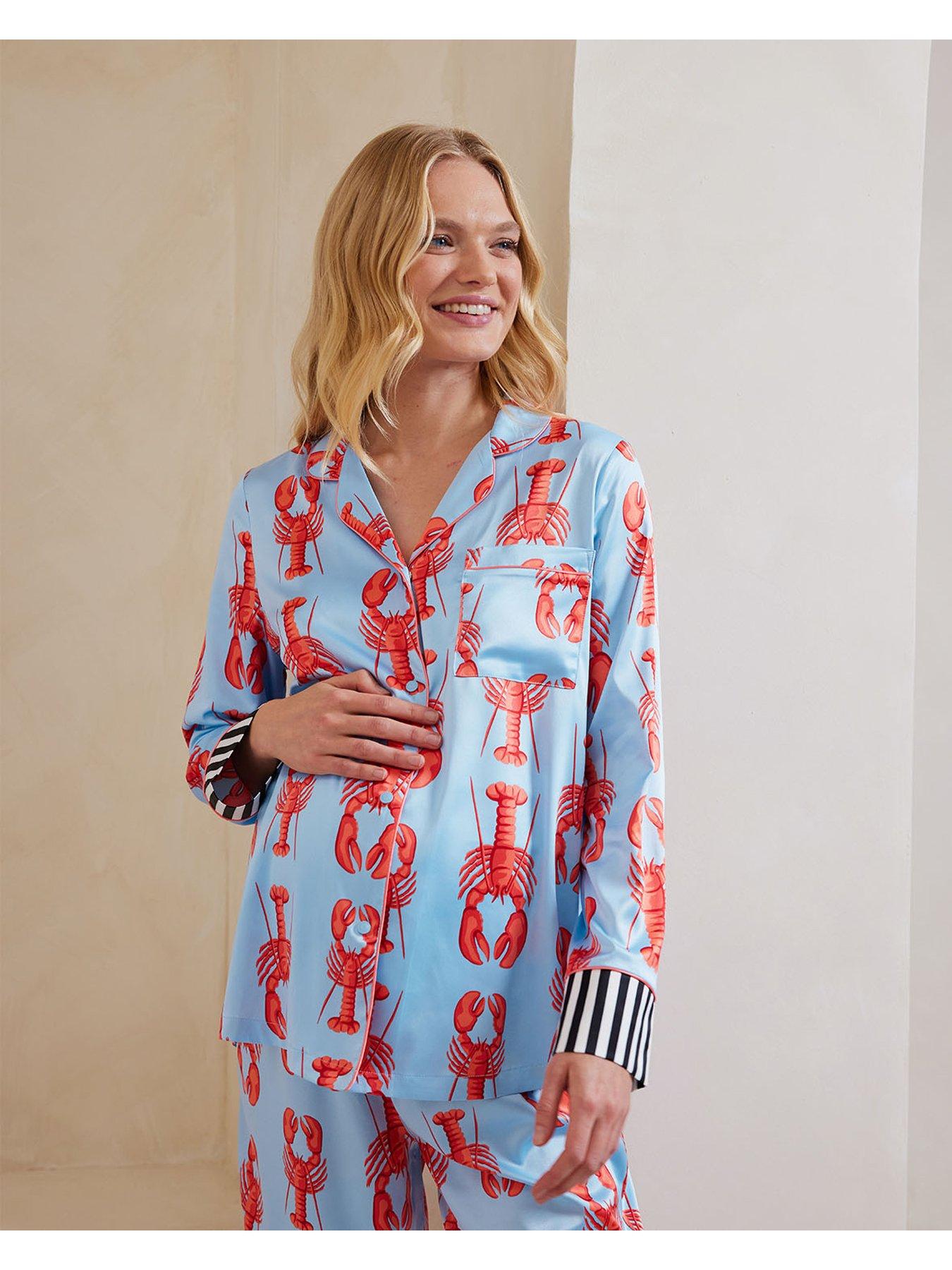 Image 3 of 5 of CHELSEA PEERS Maternity Button Up Long Set - Blue Lobster Stripe