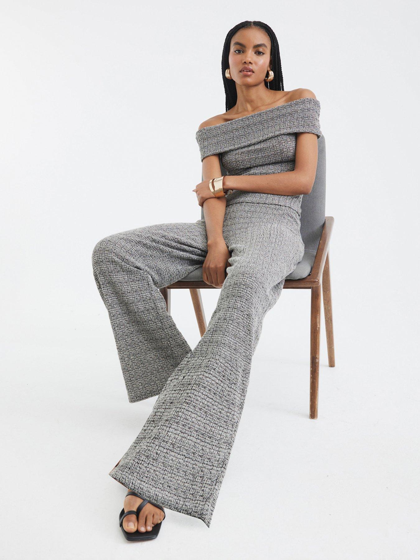  image of river-island-textured-wide-leg-trousers-set-light-grey
