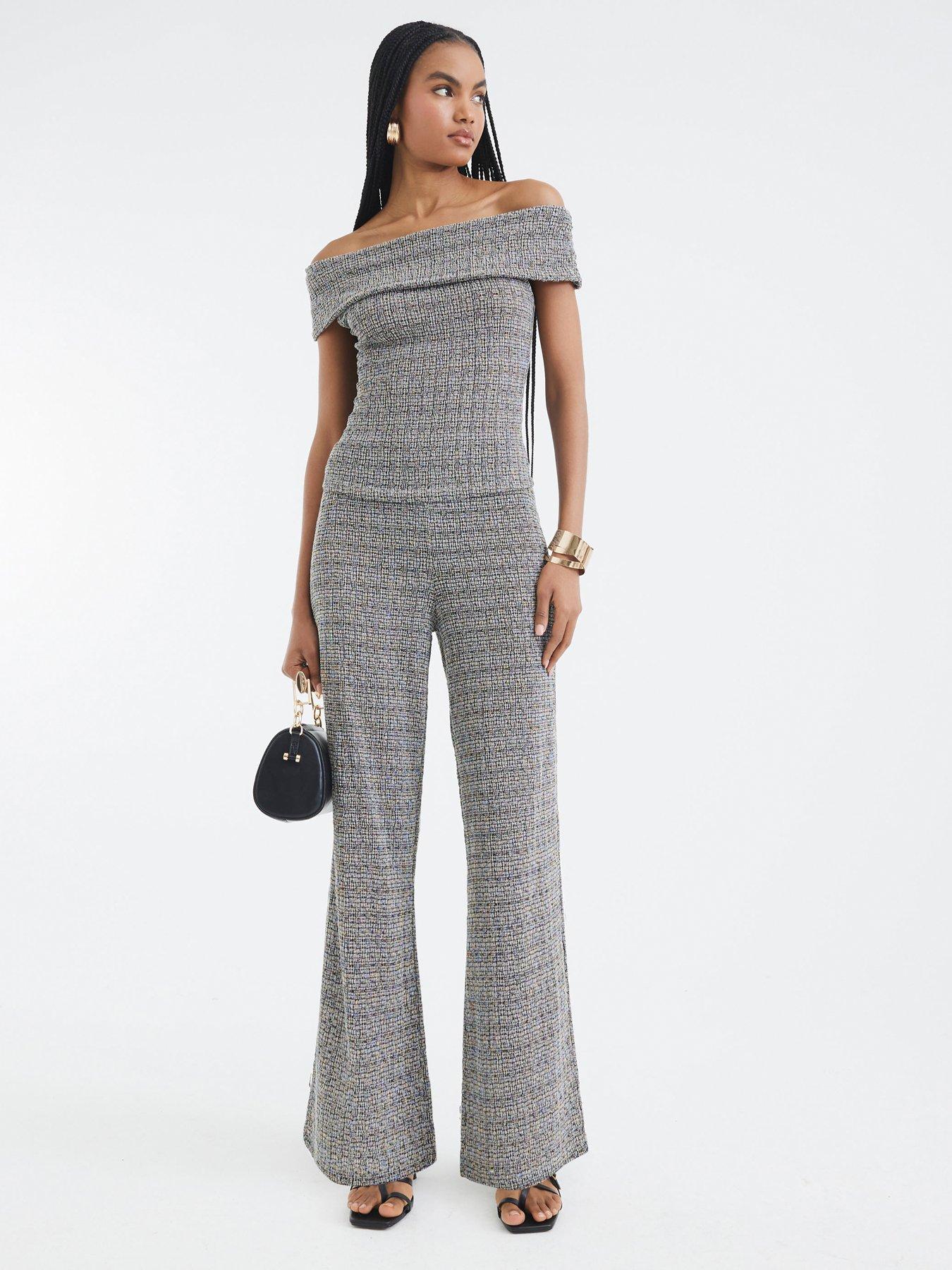  image of river-island-textured-wide-leg-trousers-set-light-grey