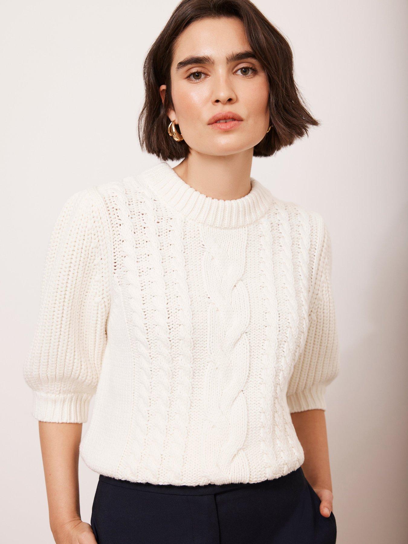 undefined Cream Cotton Blend Cable Knit Top - White