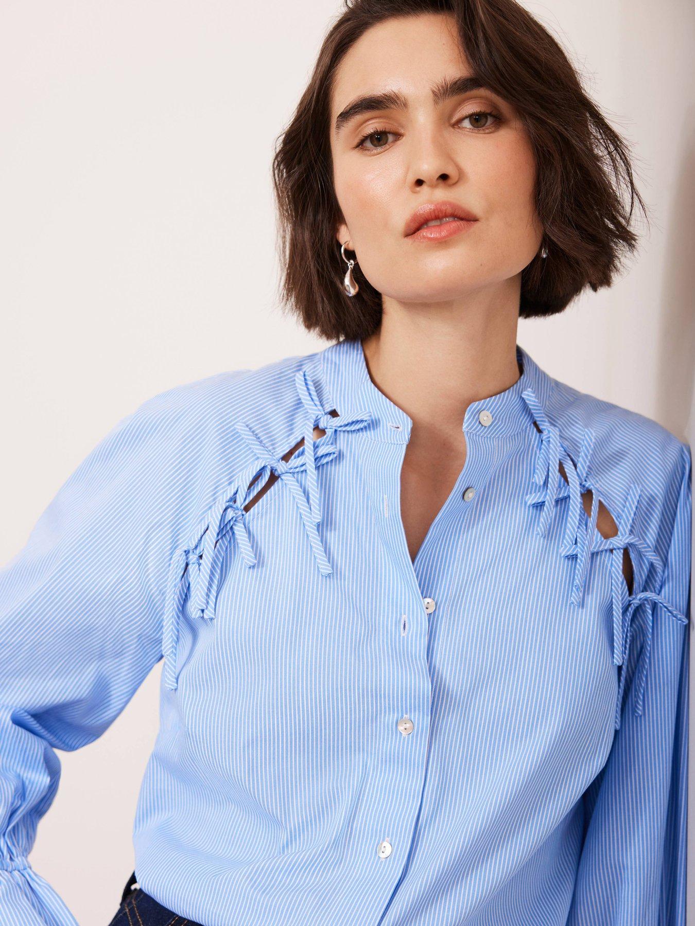  image of mint-velvet-striped-tie-detail-shirt-blue