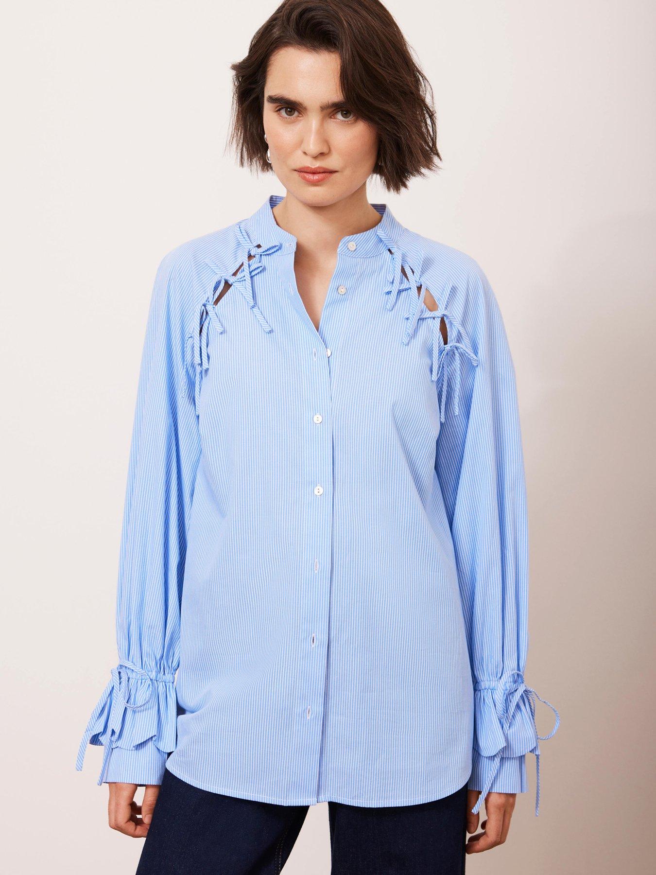  image of mint-velvet-striped-tie-detail-shirt-blue