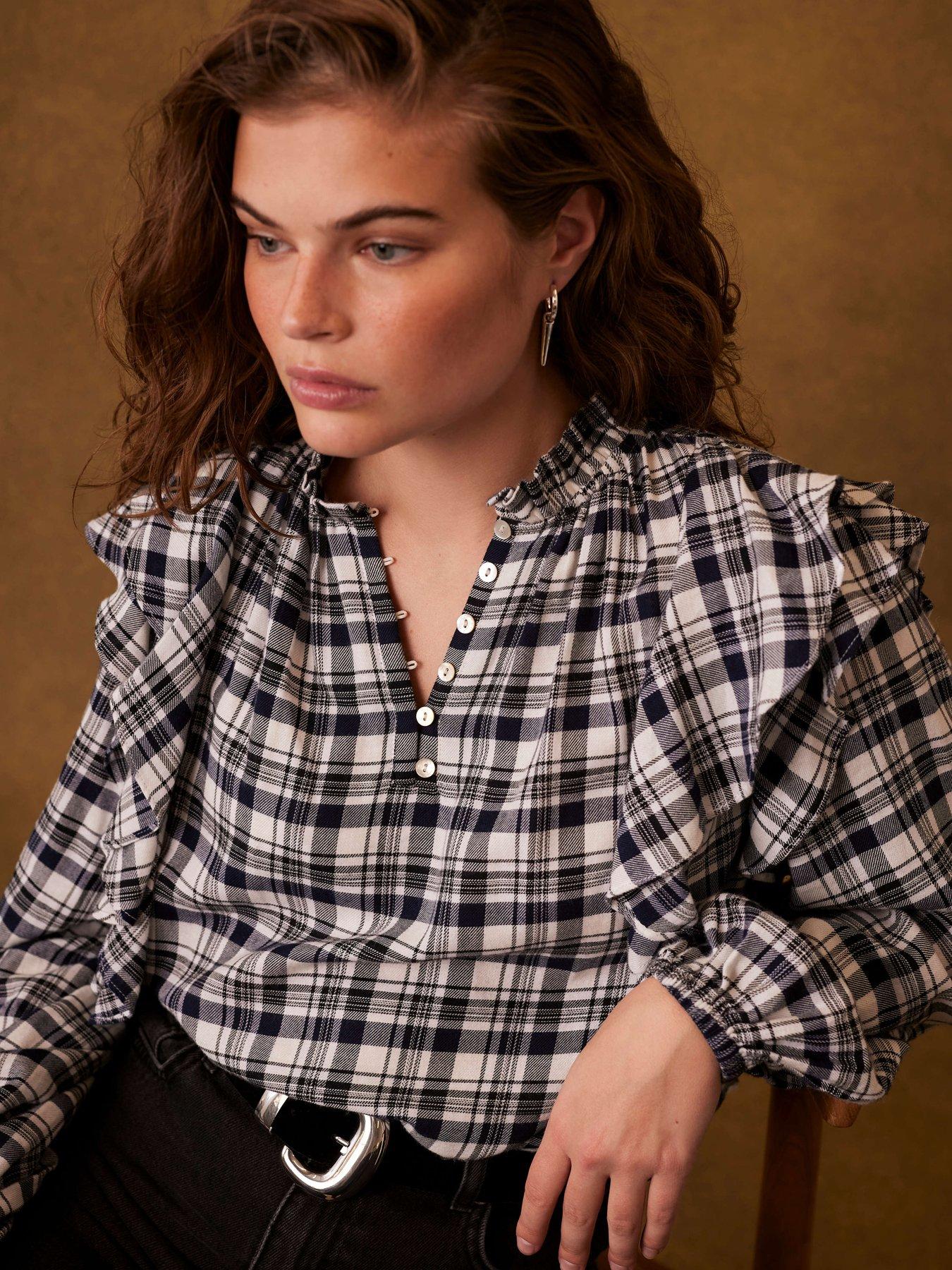 mint-velvet-checked-ruffle-blouse-navy