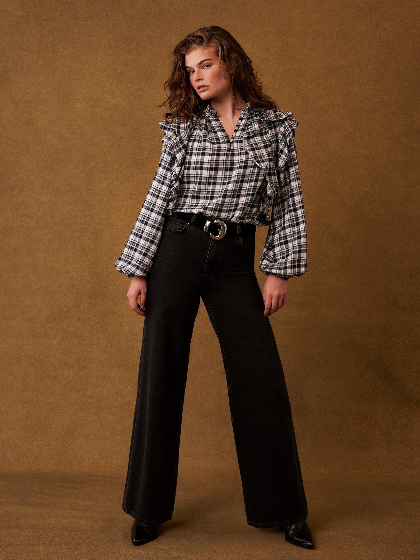  image of mint-velvet-checked-ruffle-blouse-navy