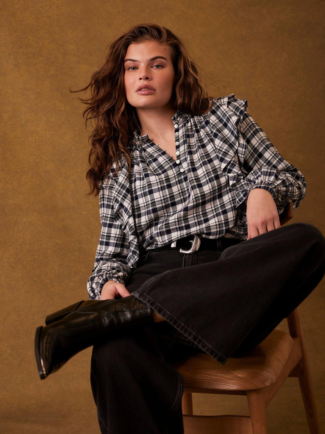  image of mint-velvet-checked-ruffle-blouse-navy