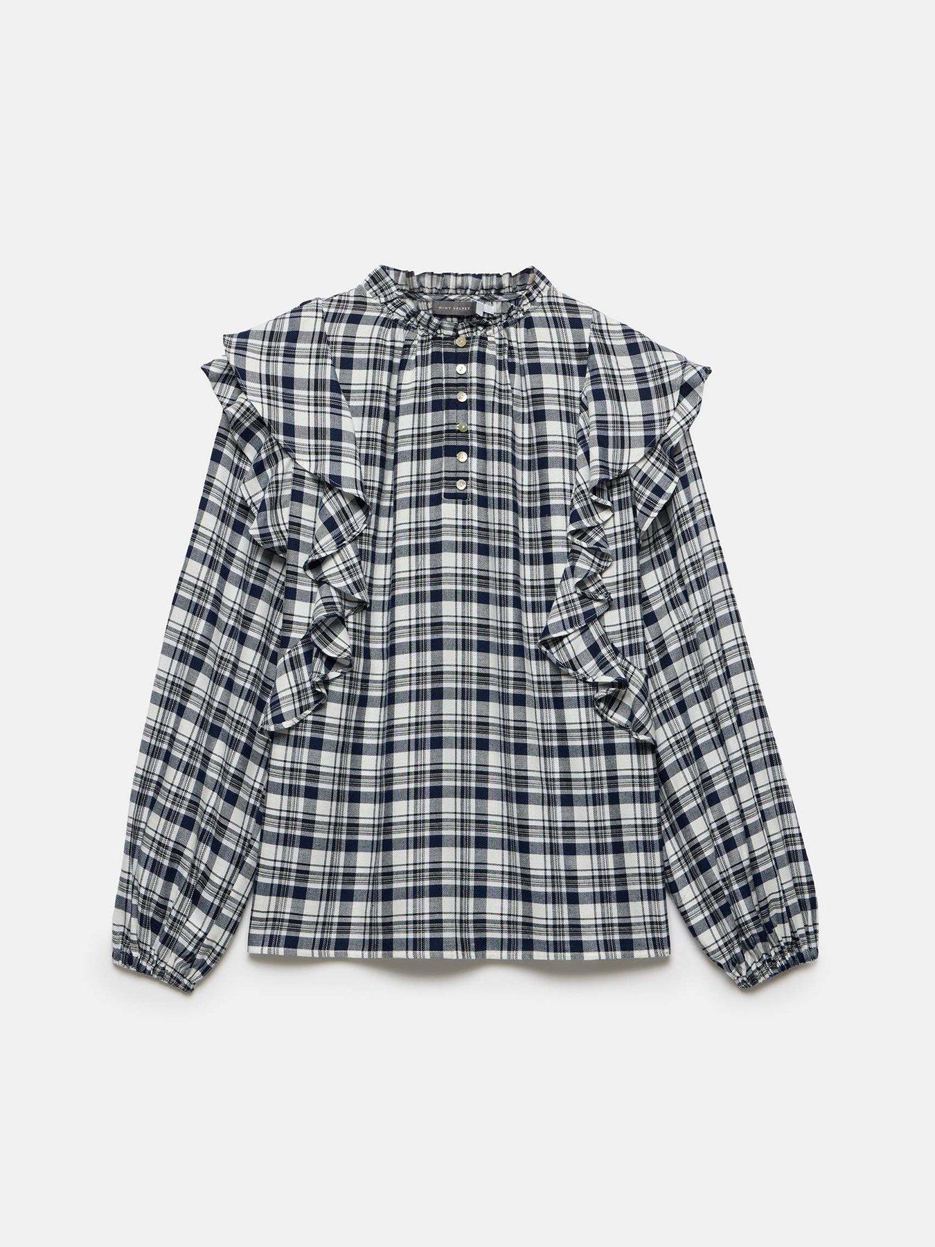  image of mint-velvet-checked-ruffle-blouse-navy