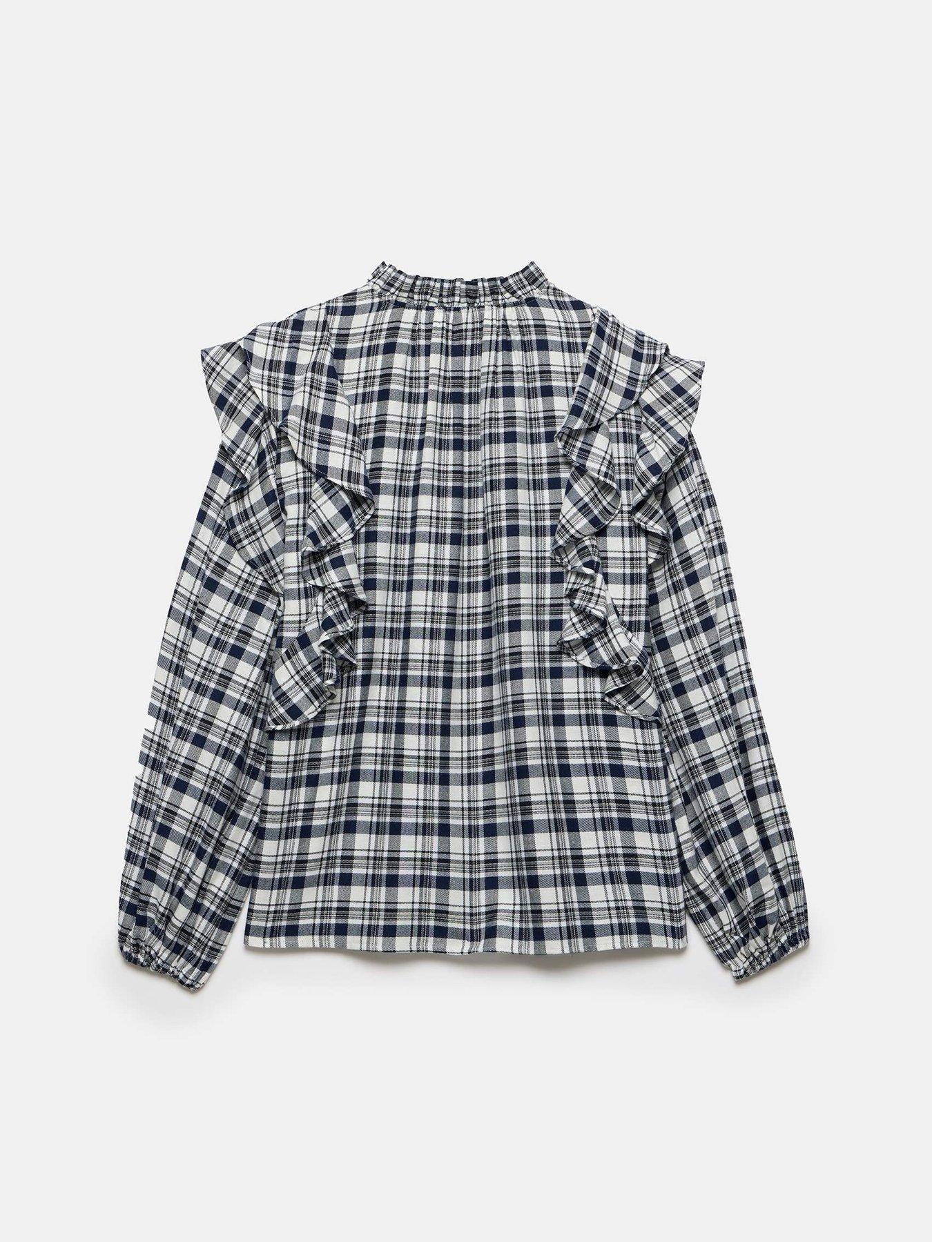  image of mint-velvet-checked-ruffle-blouse-navy