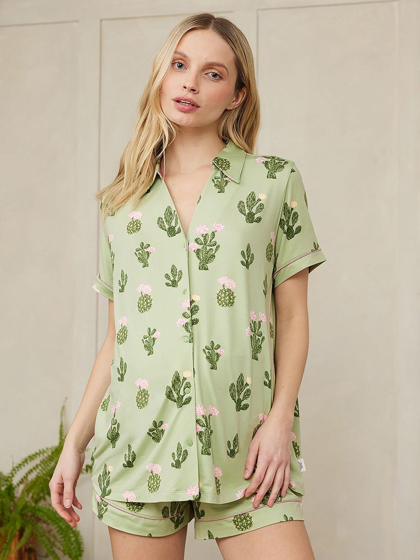 undefined Maternity V Neck Button Up Short Pyjama Set - Detailed Cacti Print