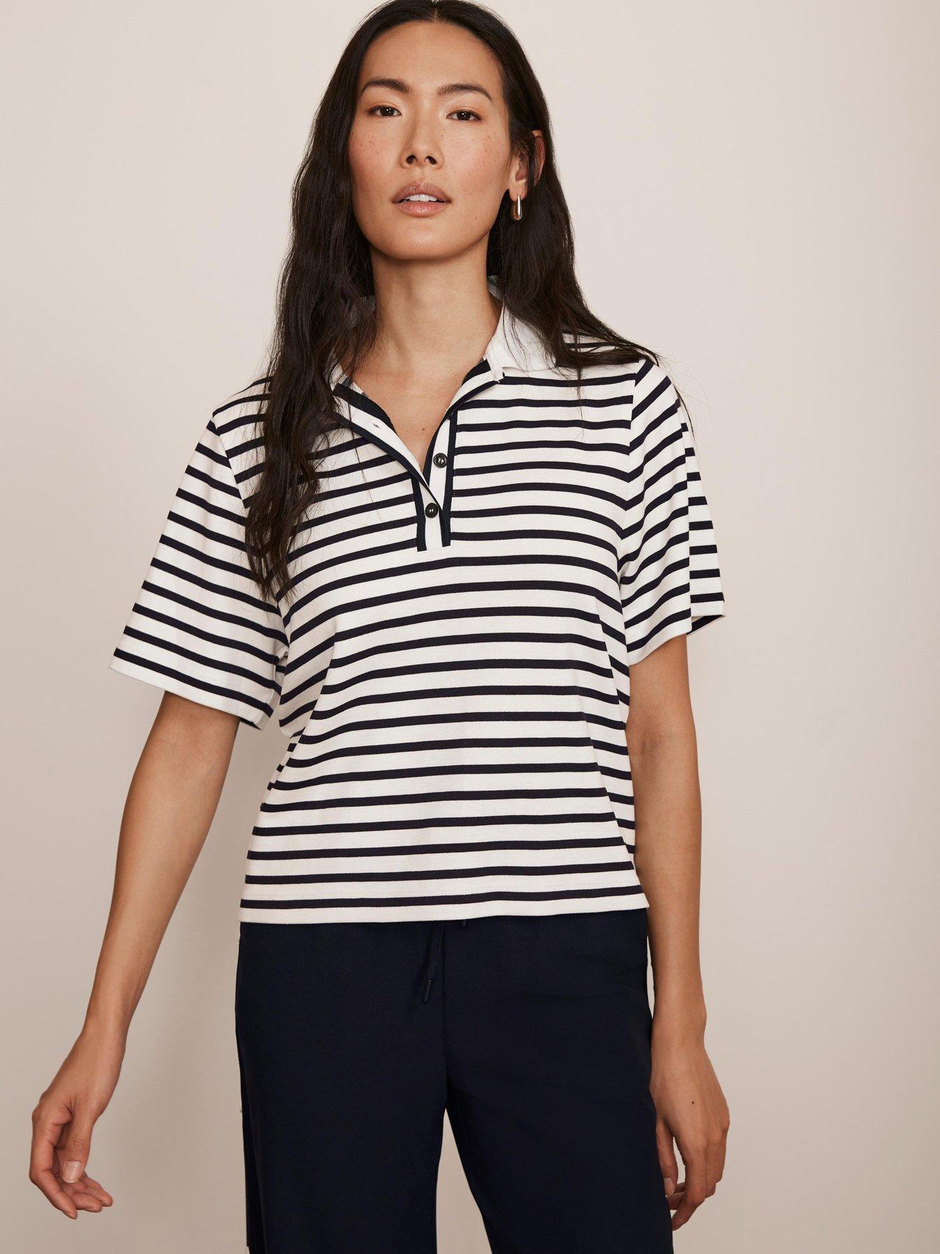 undefined Stripe Collar Polo Top - Navy